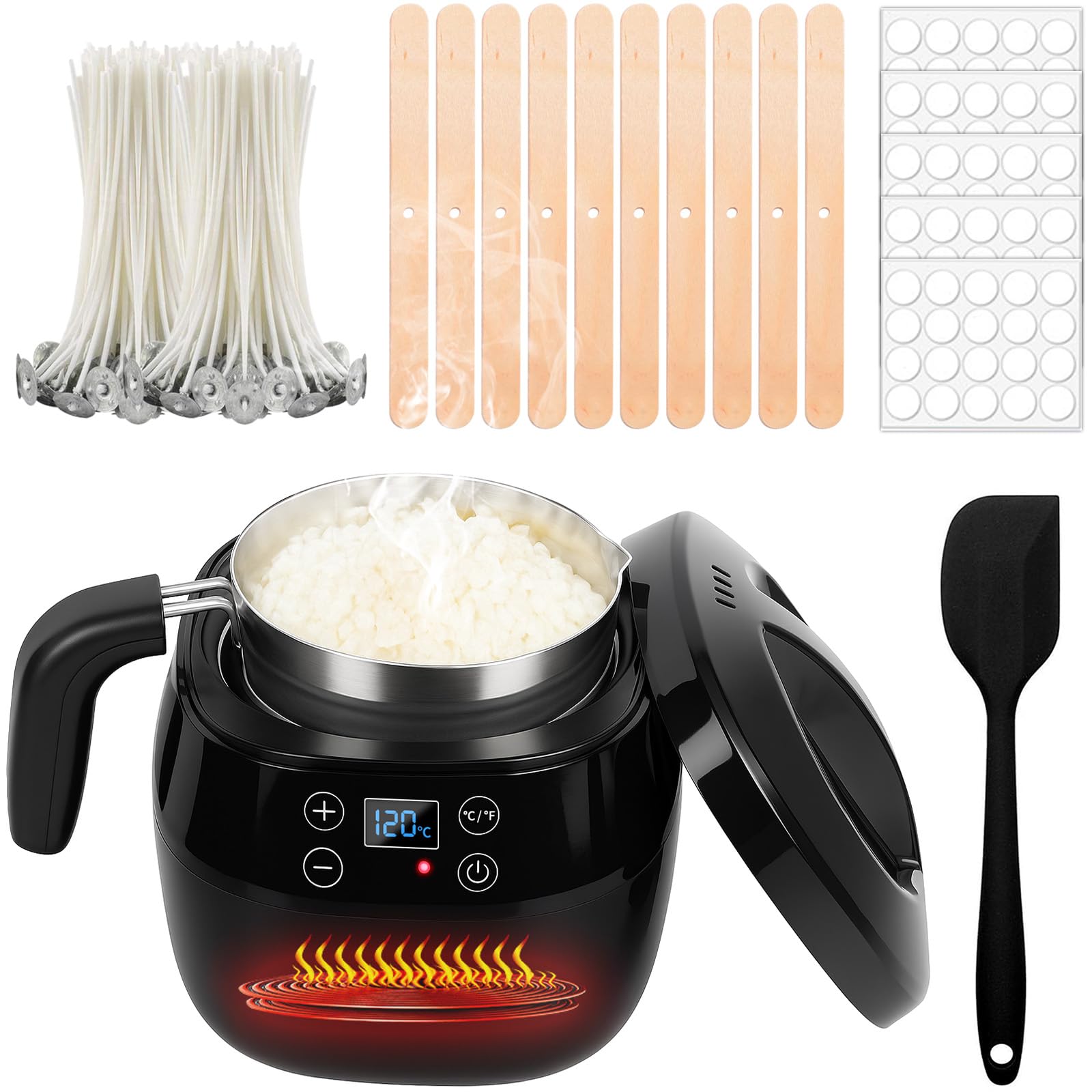 VexNook Fondeur de cire électrique, 1 l, pour la fabrication de bougies, avec affichage de la température LED, avec mèches, autocollant pour mèche, dispositif de centrage, cuillère mélangeuse
