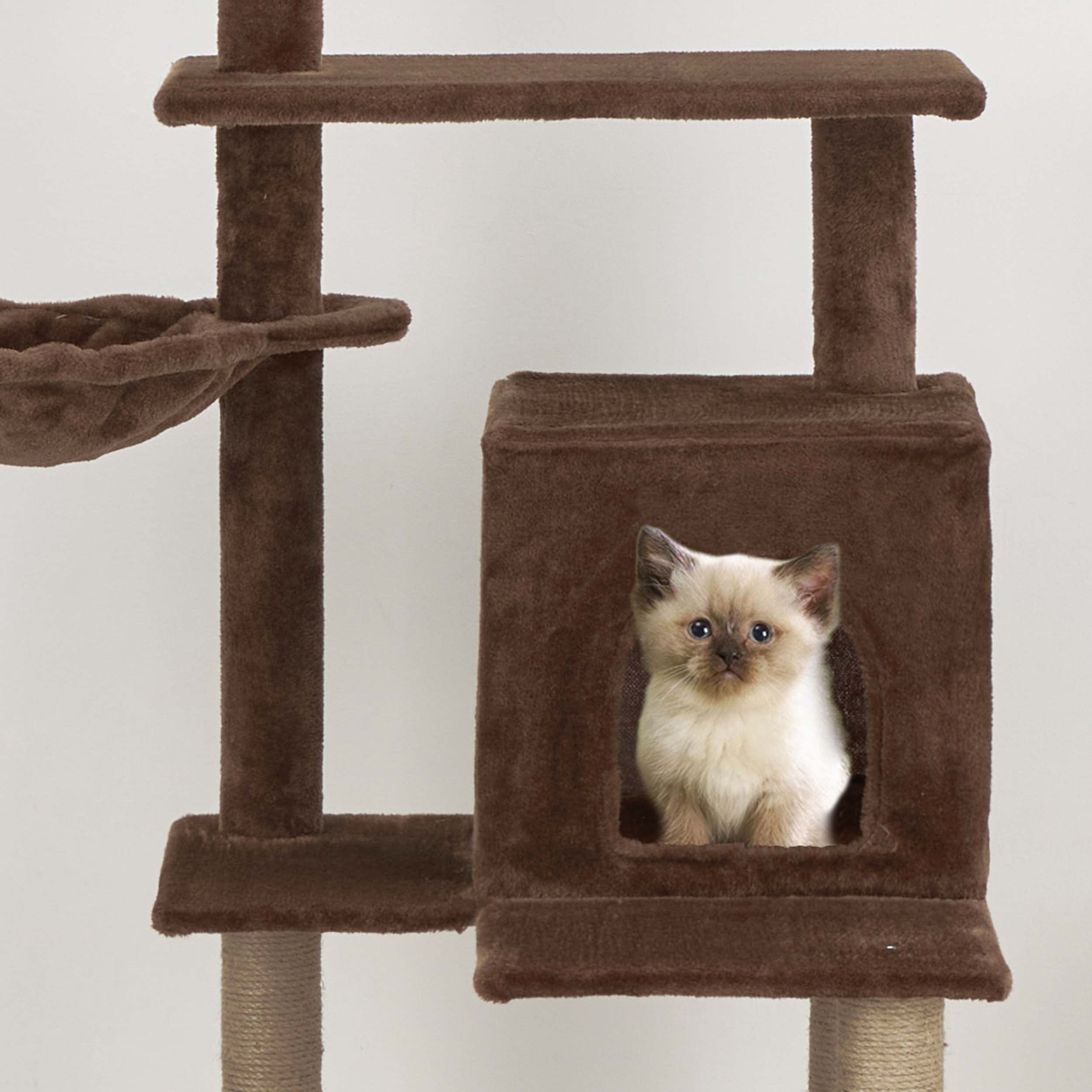 Baroni Home Tiragraffi ad Albero per Gatti, Tiragraffi per Gatti e Gattini, 4 Piani con Palla, Amaca e Cuccia Rettangolare, 45x45x122 cm, Marrone