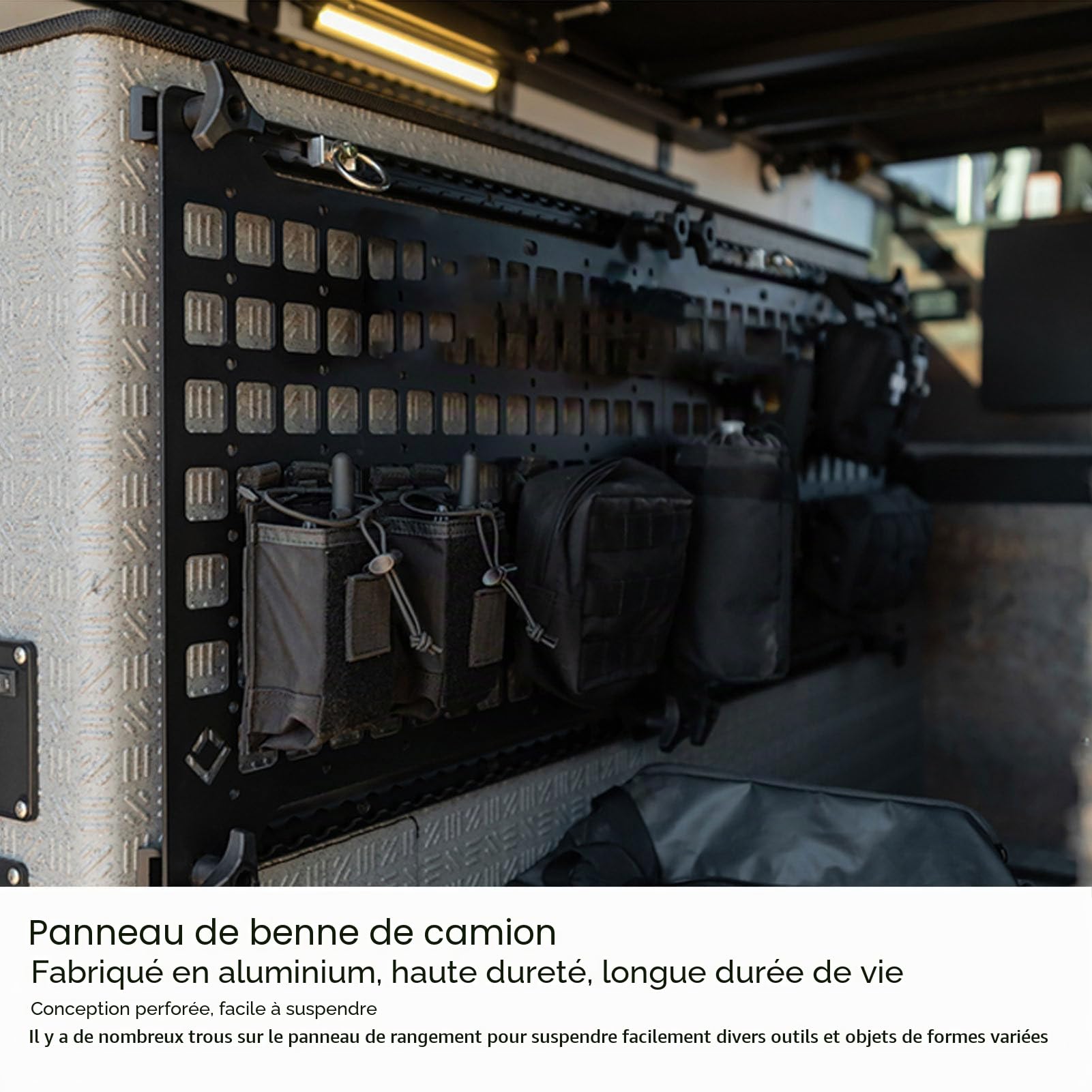 Asixxsix Panneau Molle de lit de camion, Panneau de stockage en aluminium 17x30x0.08in avec piste L pour un accès facile, Organisateur tactique pour Limousines VUS Pickups Camions RVs