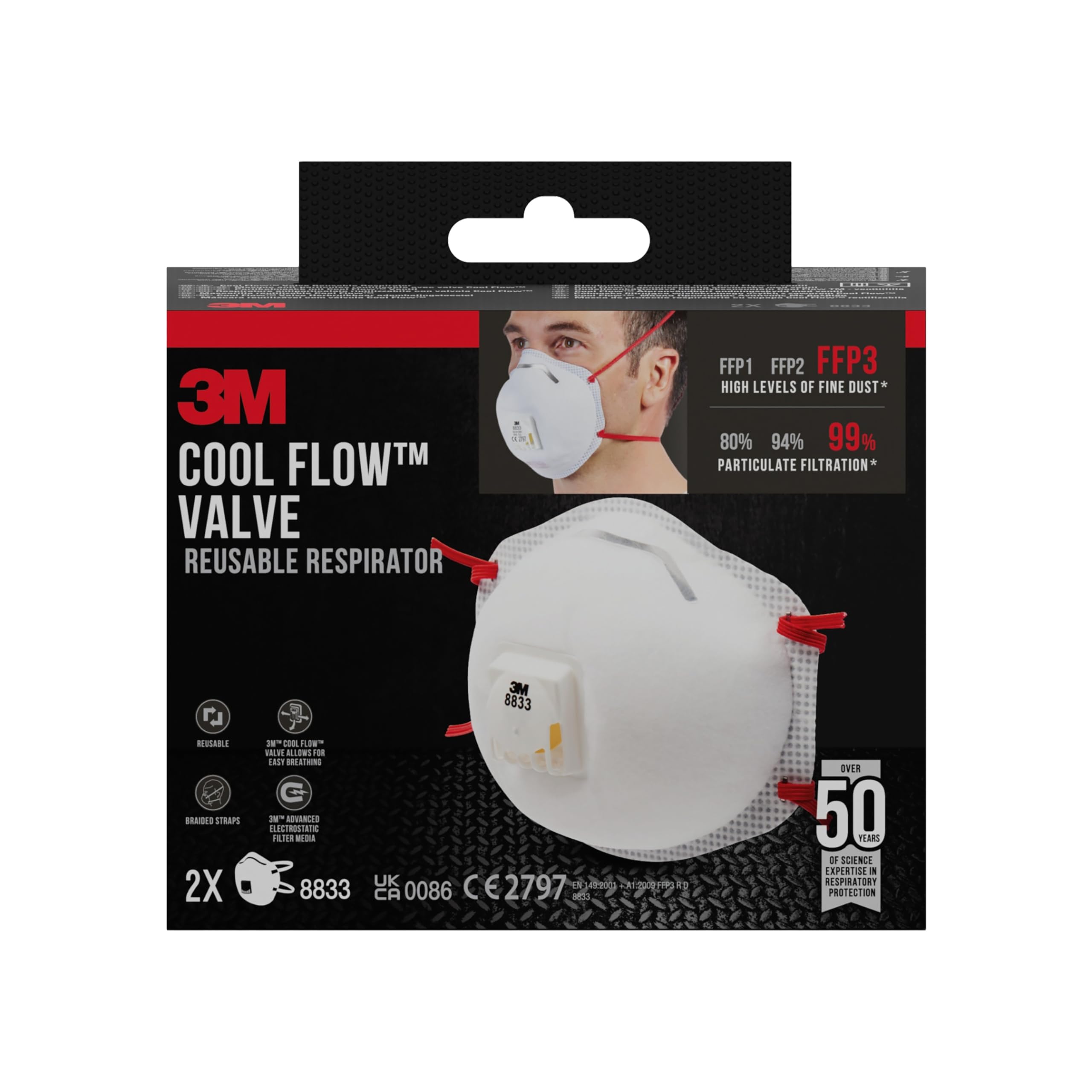 3M Particulate Maske für Dämmstoffe und Hartholz 8833C2, FFP3, Valved, Weiß, 2 pro Packung