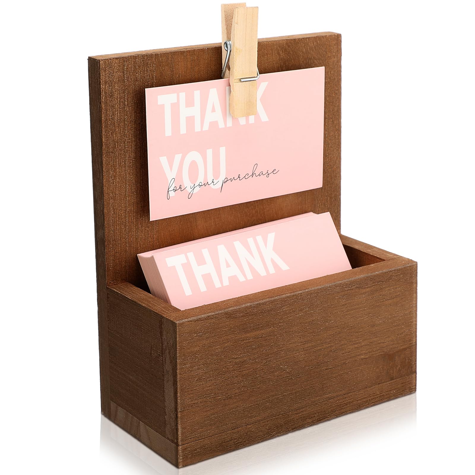 Wonderjune Wood Business Card Holder Vintage Wooden Open Card Stand Farmhouse Desktop Business Organizer Display Stand with Clip for Office Home