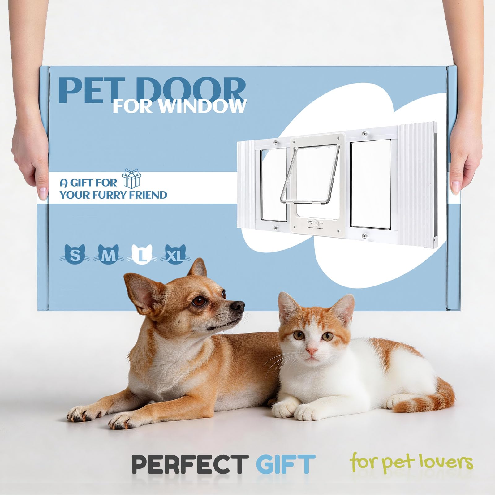Petoasis Puerta de gato para ventana y perro pequeño, instalación rápida sin daños, ancho ajustable de 61 a 71 cm, marco de aluminio, cerradura de 4 vías, cierre magnético, puerta de ventana para gato