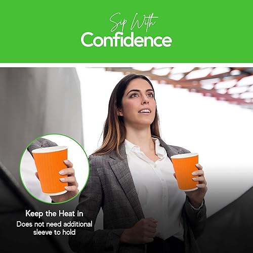 Miniatura 8 de Vasos de café de papel aislado de pared corrugada, 12 onzas, 12 onza, Anaranjado