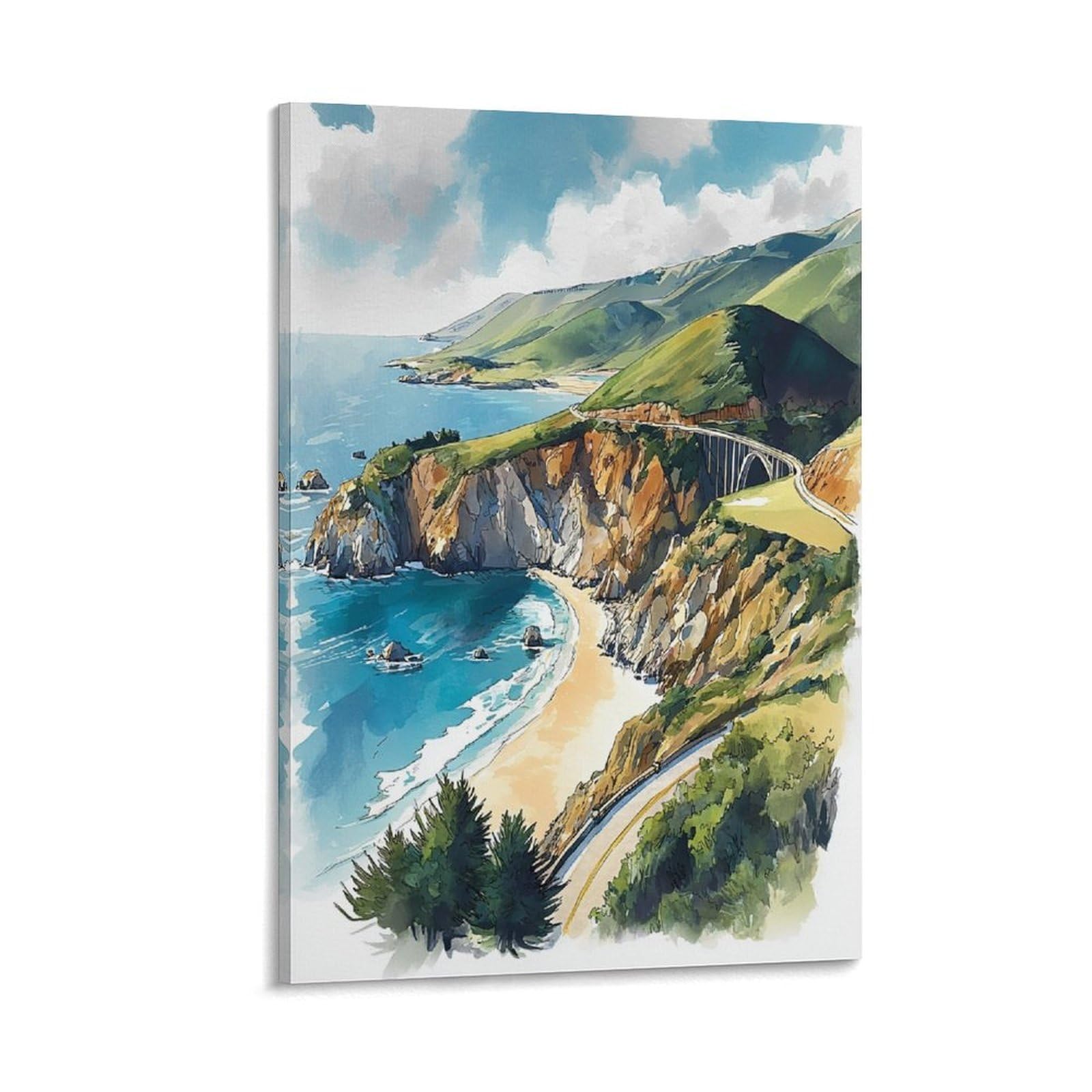 XWYMXZ Big Sur Watercolor Painting California Coast Travel Posters 20x30inch(50x75cm) Vintage Watercolor Canvas Art