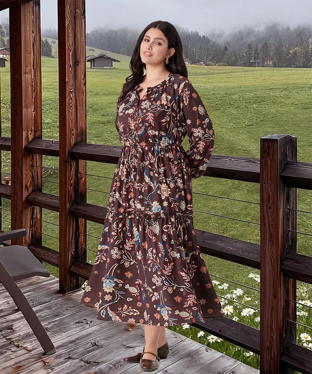 TIYOMI Women's Plus Size Fall Maxi Dresses 2025 Casual V Neck Button Drawstring Long Sleeve A Line Floral Boho Dress Pockets - Image 2