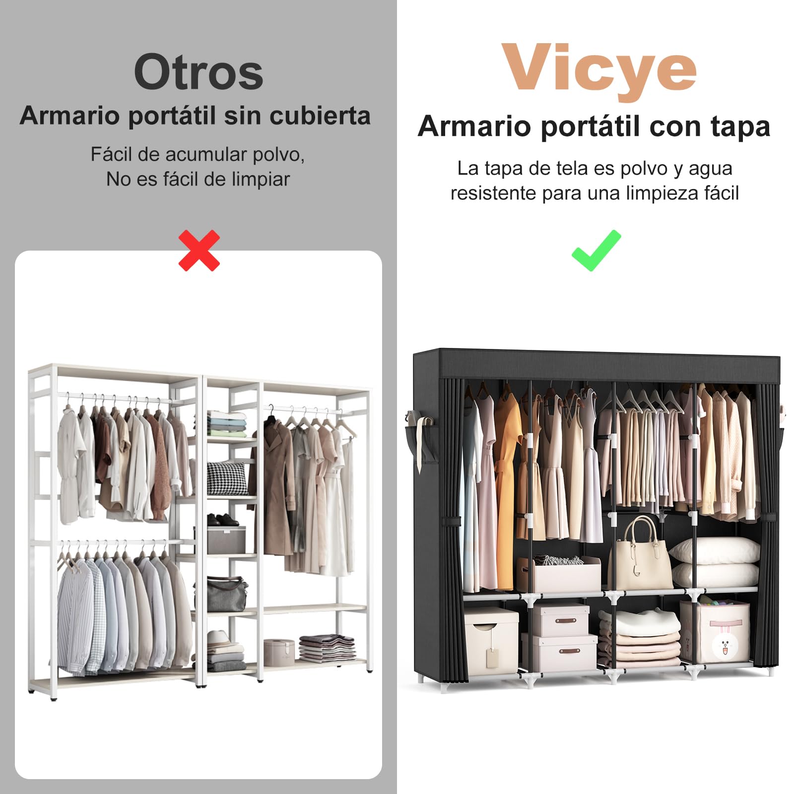 Vicye Armario de Tela Portátil 170 cm Ancho - Gran Capacidad con 4 Estantes, 4 Barras Colgar y Tapa, Guardarropa Resistente e Independiente para Dormitorio, Negro