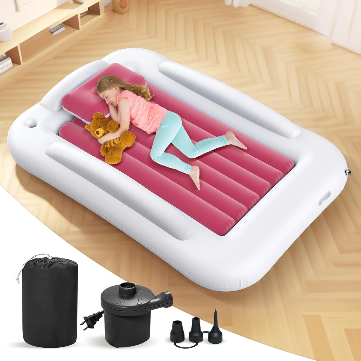 inflatable toddler travel bed - 60 inches portable toddler bed for travel with safety sides - cozy kids air mattress set with high-speed pump & carry case - lightweight & easy to inflate(pink)