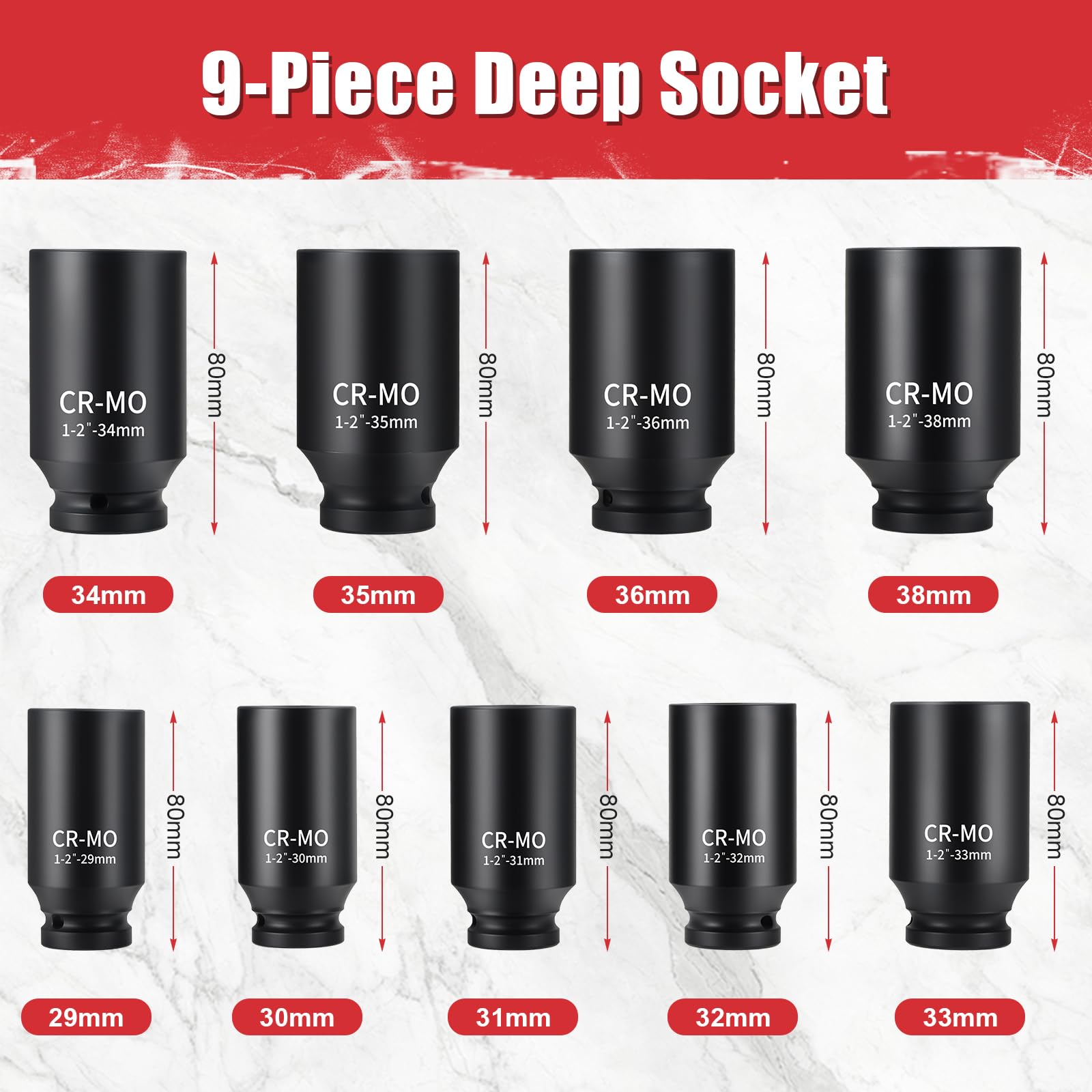 Lot de 9 douilles pour écrous de roue 1/2" - 29 mm, 30 mm, 31 mm, 32 mm, 33 mm, 34 mm, 35 mm, 36 mm, 38 mm