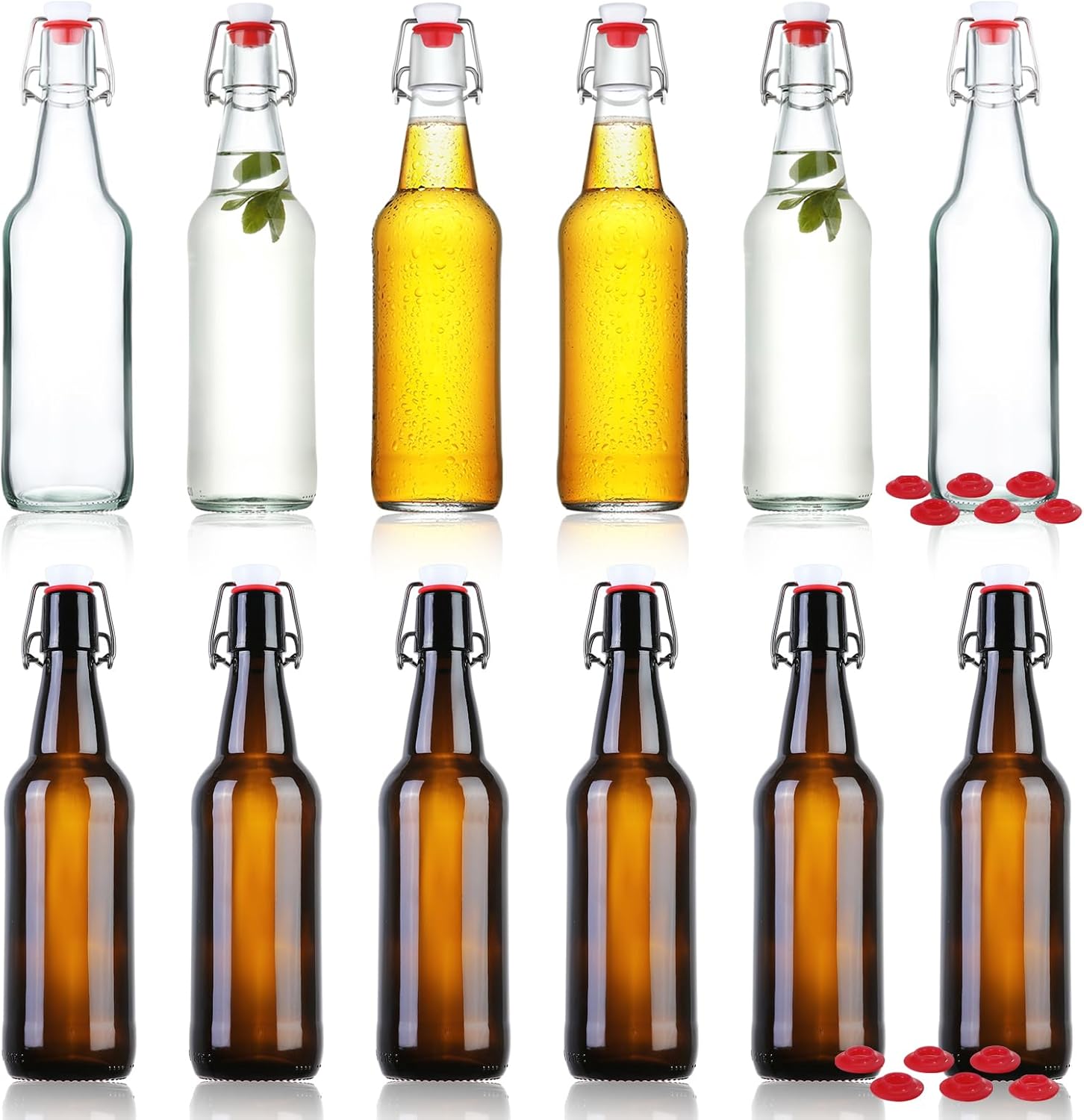 YEBODA Clear Glass Beer Bottles 16 oz- Case of 6 + 16 oz Amber Glass Beer Bottles with Flip Caps 6 Pack