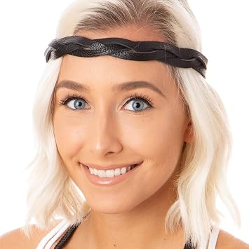 Hipsy Womens Adjustable NO SLIP Genuine Leather Headband Braid Braided Black Saddle Leather