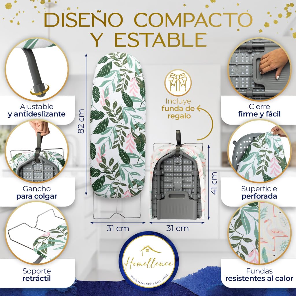 Homellence Tabla de Planchar Plegable Pequeña de Mesa - Tabla de Planchar Sobremesa con 2 Fundas Premium con Mecanismo Patentado para Mayor Estabilidad - Ahorra Espacio en Casa y Viajes (Verde)