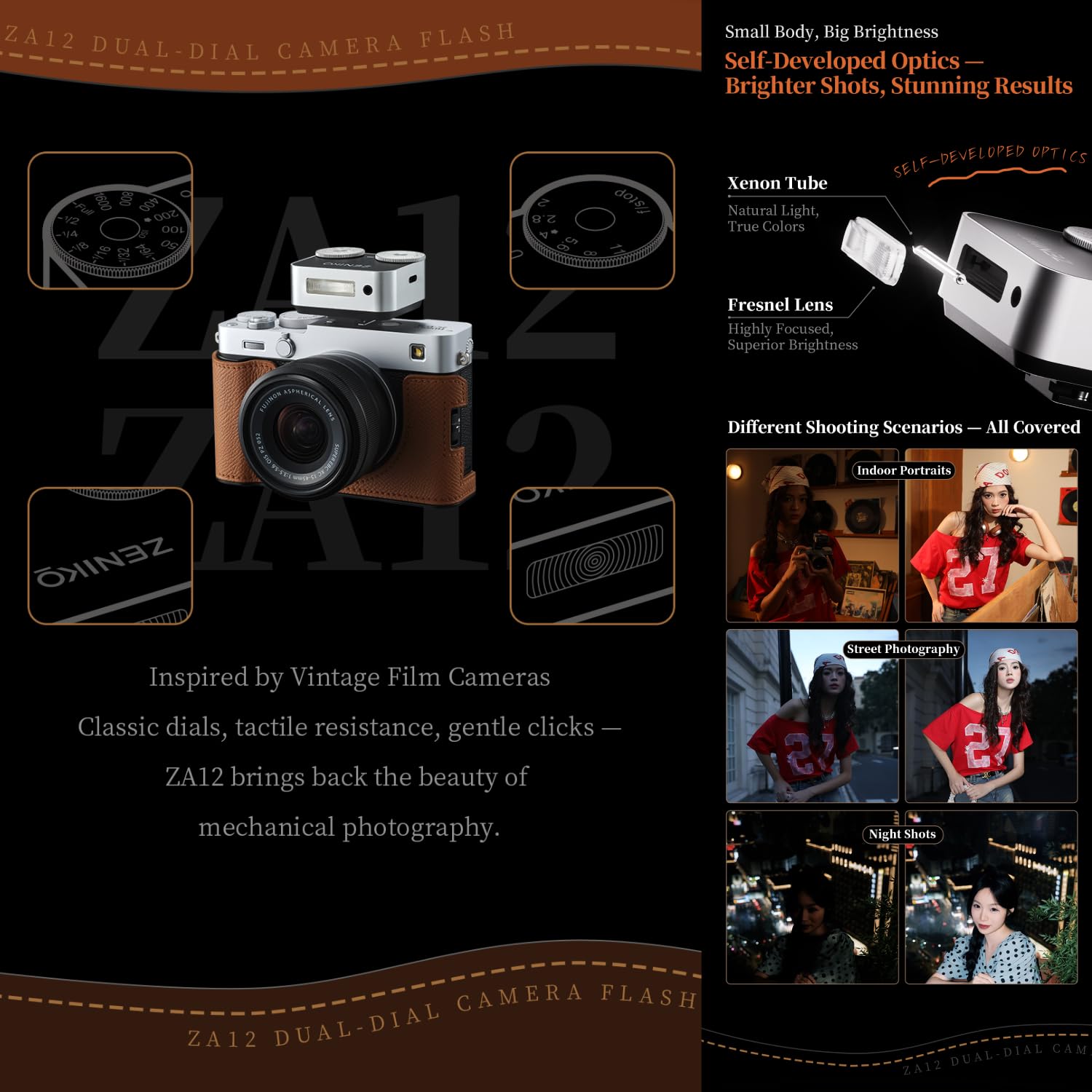 ZENIKO Flash de cámara ZA12 con doble rueda, mini cámara retro con modo automático, flash recargable tipo C, flash de fotos portátil ligero de 60 g para cámaras réflex digitales y sin espejo (negro)
