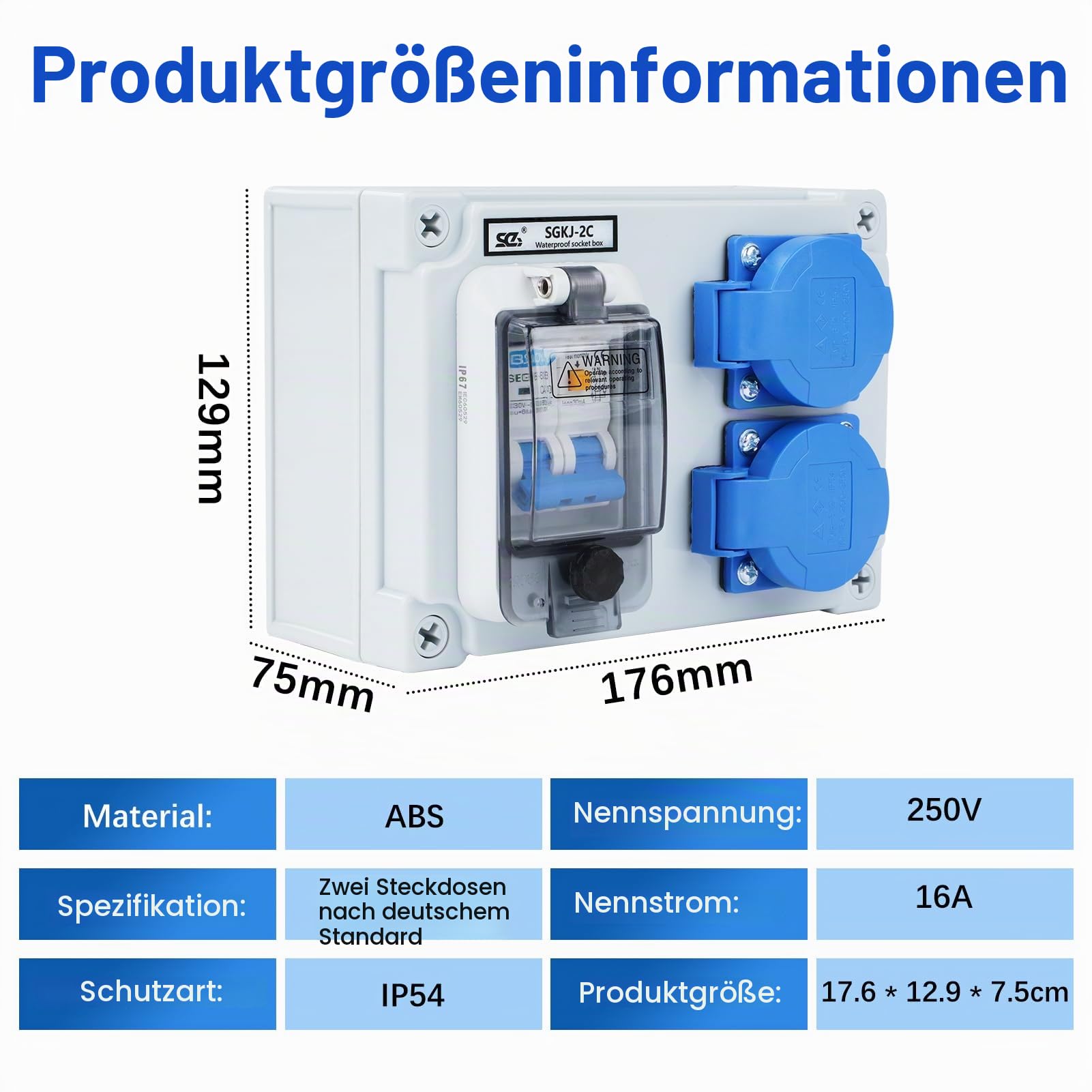 Wandverteiler 16A 250V Baustromverteiler 2-Polig Stromverteiler IP54 Wasserdicht Baustromverteiler mit 32A 1P+N FI Schalter Starkstrom Verteiler mit 2 Schuko-Steckdosen