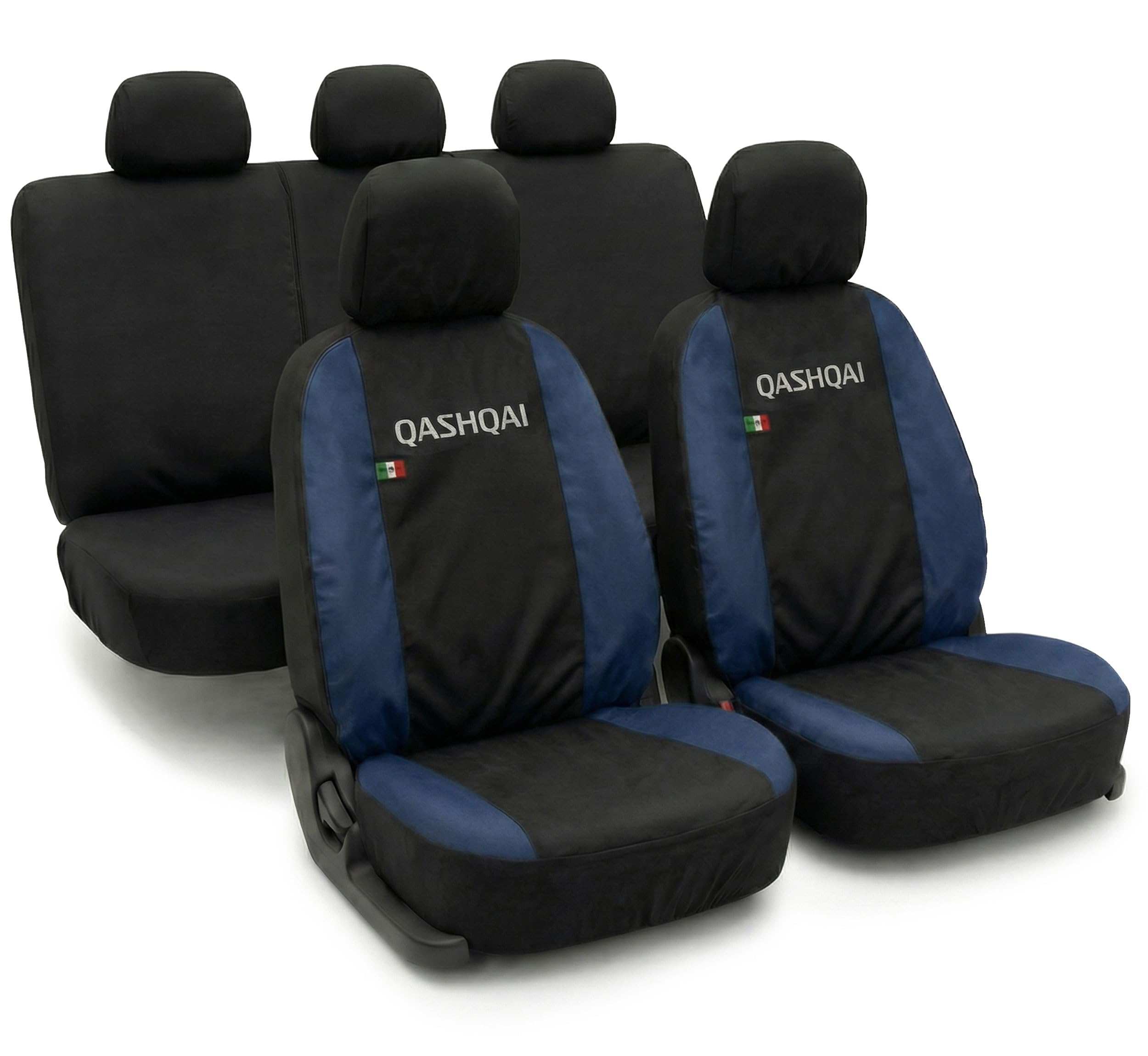 Auto Accessori Lupex Fundas de asiento compatibles con Qashqai 2006-2021 J10 J11, juego completo de 12 piezas, de polialgodón transpirable (negro - azul oscuro, juego completo)