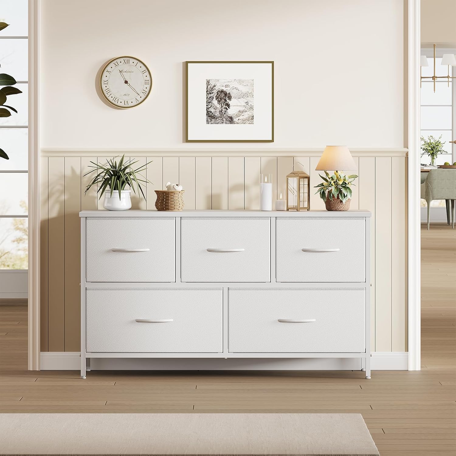 OLIXIS Dresser for Bedroom with 5 Drawers, Wide Chest of Drawers, Fabric Bedroom Dresser with Drawer Organizers, Storage Organizer Unit with Fabric Bins for Closet, Living Room, Hallway,White