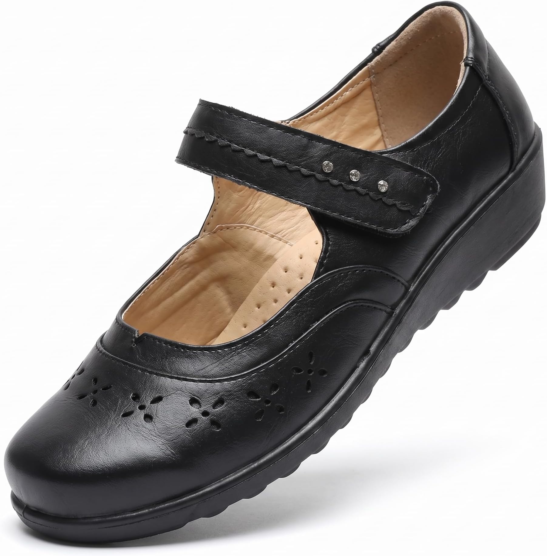 Cushion Walk Womens Ladies Lightweight Black Faux Leather Mary Jane Flats, Casual Work Office Comfort Shoes