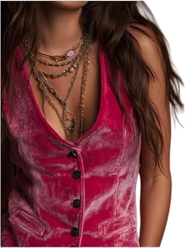 Retro Bohemian Bright Pink Velvet Vest,Women's Button Retro V-Neck Sleeveless Solid,Formal Suit(Coffee,Small)