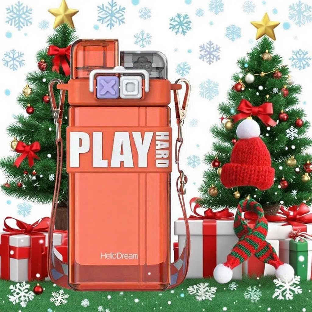 18oz Leak-proof Square Water Bottle with Festive Knit Hat,Scarf Accessories,Spout and Straw,BPA-Free Sports Bottle for School and Outdoor (Red)