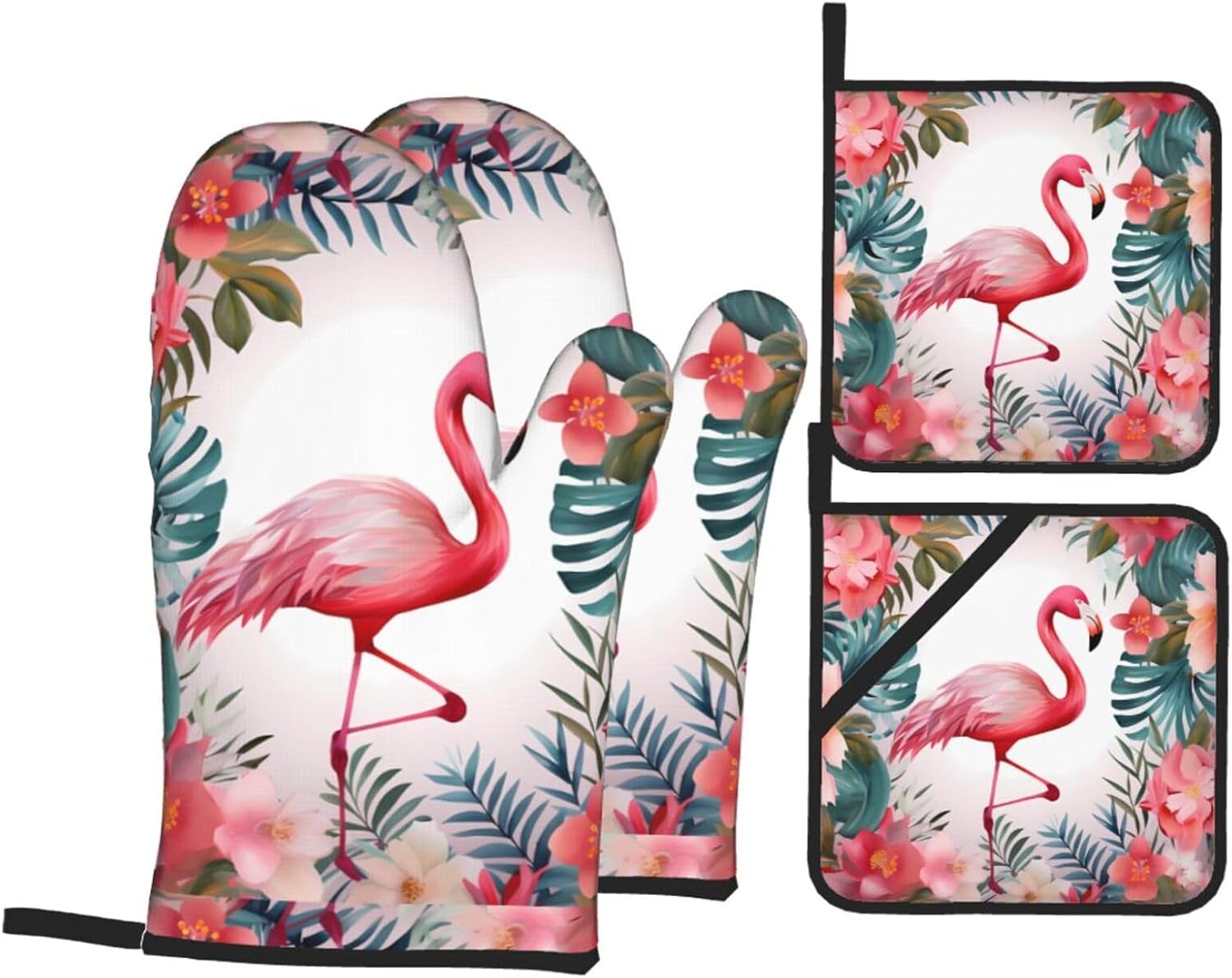 (Floral with Flamingo) Baking 4-Piece Set: 2 Oven Mitts and 2 Pot Holders Heat Resistant Waterproof Hanging Loop for Kitchen Oven Grill Housewarming Gifts