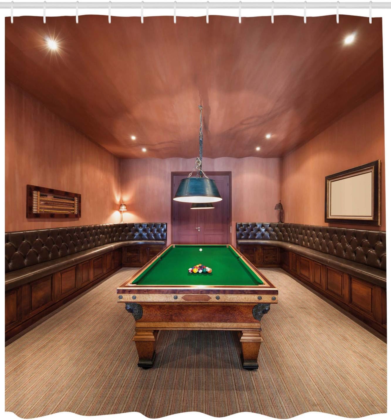 Ambesonne Modern Shower Curtain, Entertainment Room in Mansion Pool Table Billiard Lifestyle Photo Print, Cloth Fabric Bathroom Decor Set with Hooks, 69" W x 70" L, Cinnamon Brown Green