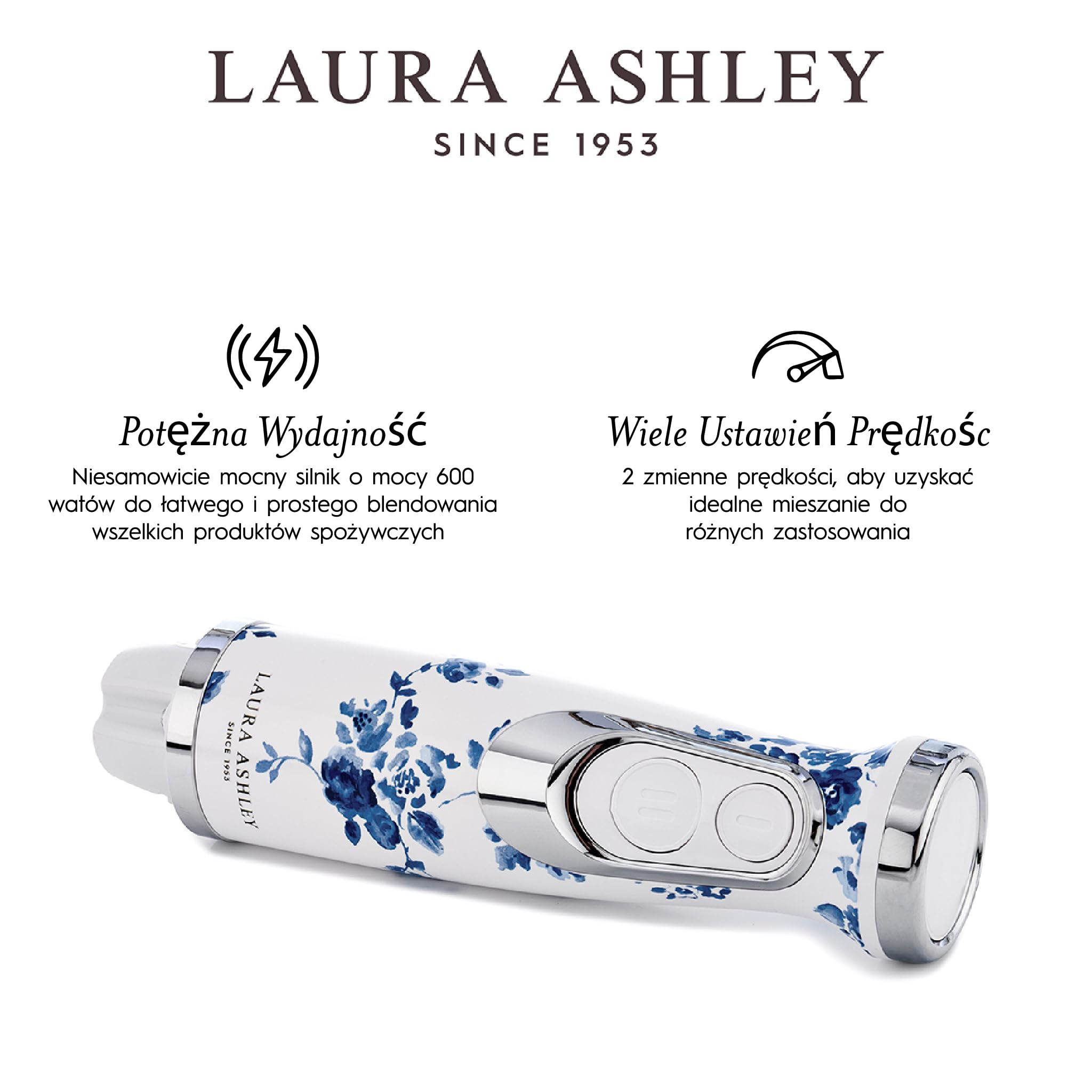 Laura Ashley Elektryczny Blendery Ręczne o Mocy 600 W z Nadrukiem China Rose firmy VQ - Hand Blender 4 w 1 z Ostrzami ze Stali Nierdzewnej, Trzepaczką i Kubkiem do Mieszania o Pojemności 300 ml