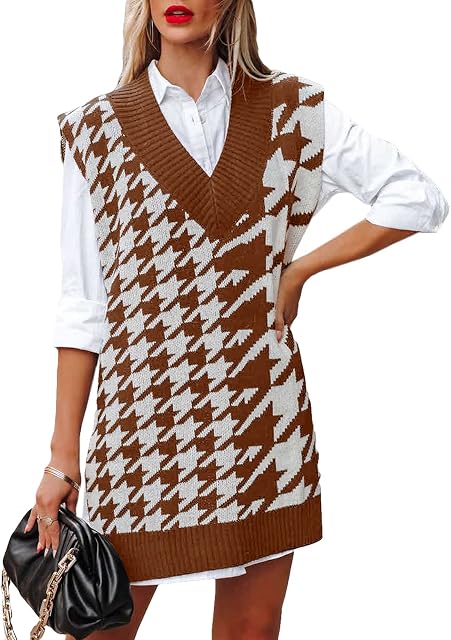 BLENCOT Women's Sleeveless Jumpers V Neck Sweater Vest Vintage Plaid Side Slits Knitted Tank Tops Pullover