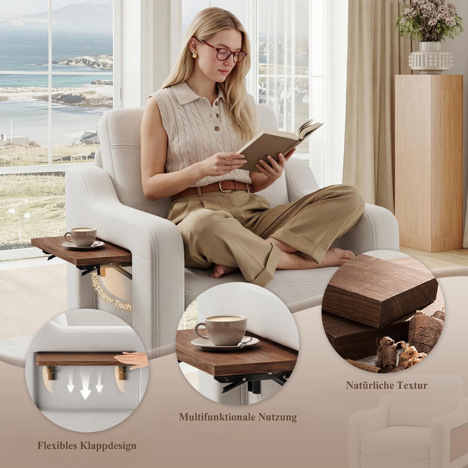 MALOL Sessel Wohnzimmer, Ohrensessel Wohnzimmer mit Ausklappbarer Holzseitentisch, Polstersessel mit Armlehnen Einzelsofa, Relaxsessel，Lesesessel für Wohnzimmer Büro Schlafzimmer, Beige