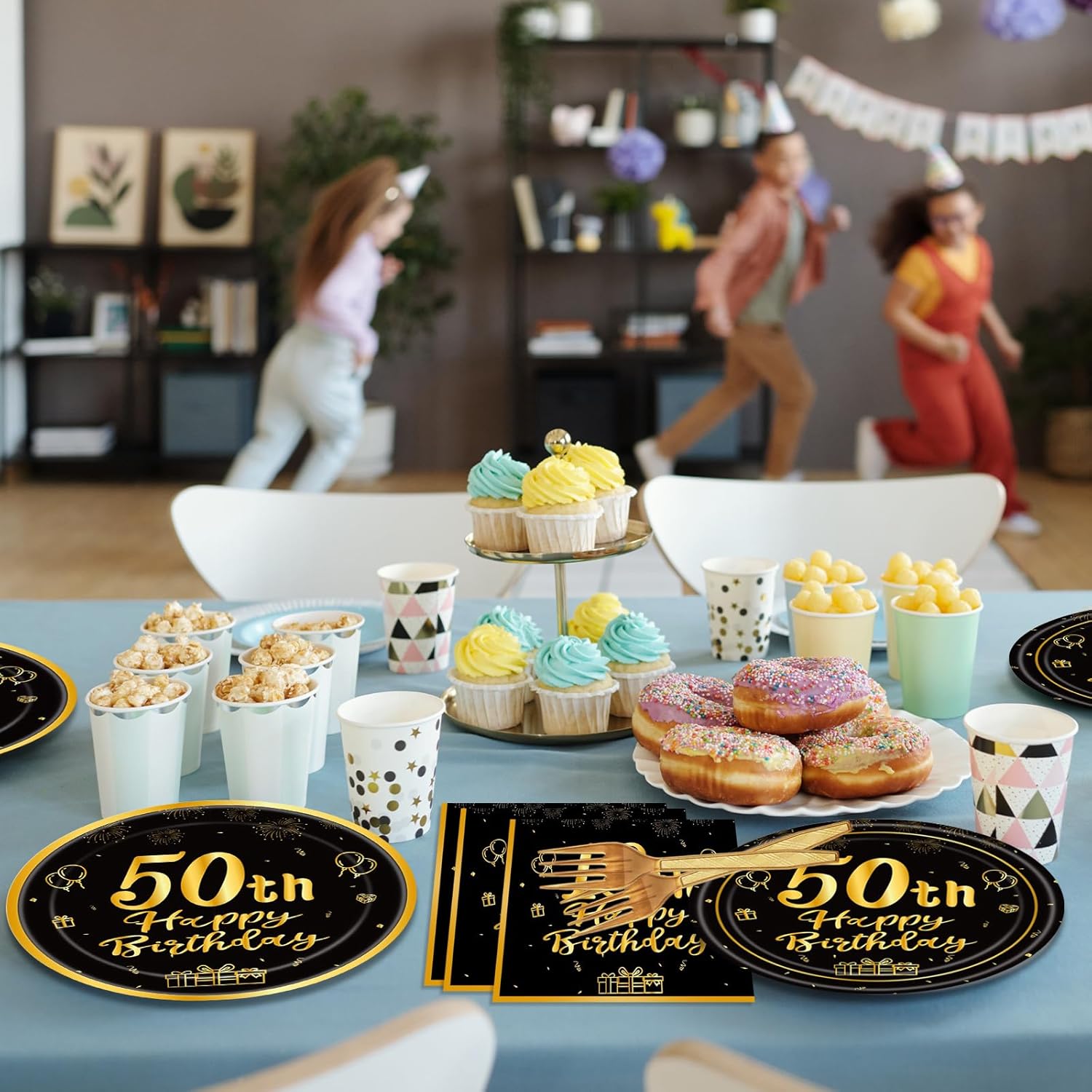 96PCS 50th Birthday Decorations Vintage 1976 Party Supplies 60 Year Old Birthday Party Decorations Cheers to 50 Years Plates Napkins Forks Black and Gold Dinnerware Favors for Men - Image 6