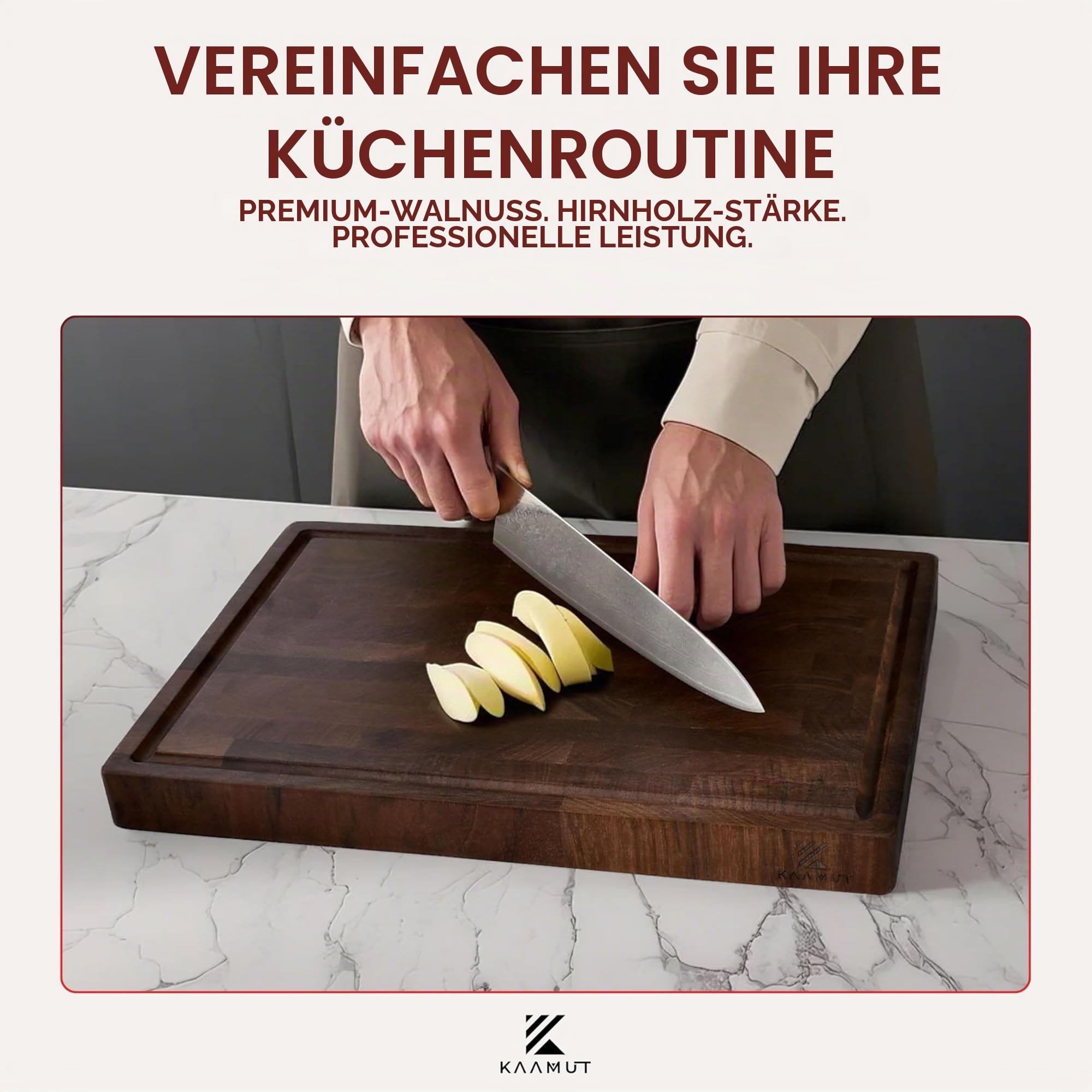 Schneidebrett aus Nordamerikanischem Schwarznuss-Holz – Massives Hirnholz – 40×27,5×3,5 cm – Extra Dick & Langlebig – Saftrille, Griffe & rutschfeste Füße – Inklusive Premium Holzpflegewachs