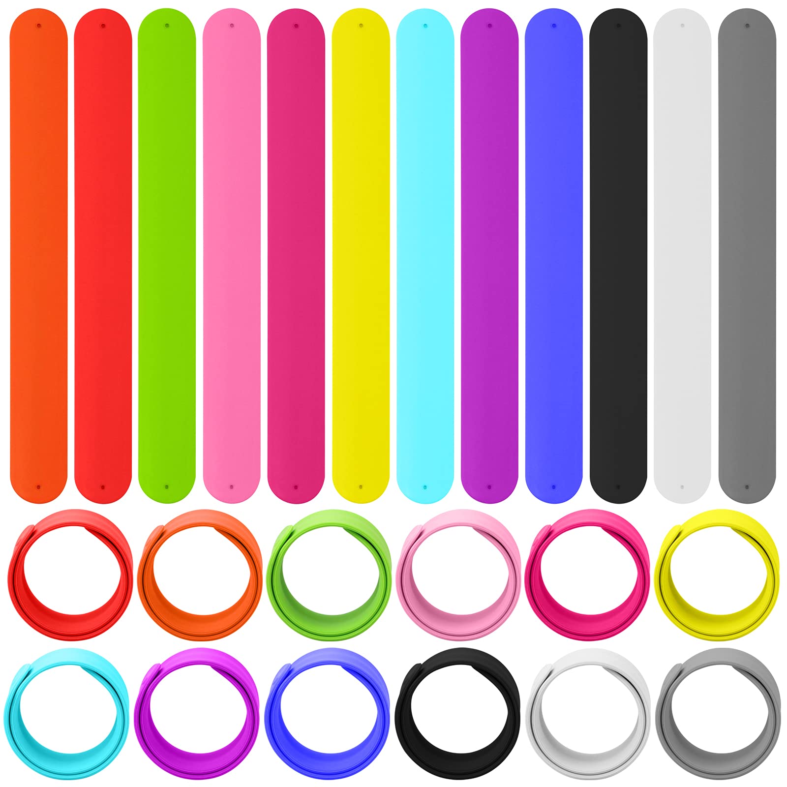 Bercoor 24 Pcs Rainbow Silicone Slap Bracelets, 12 Colors Slap