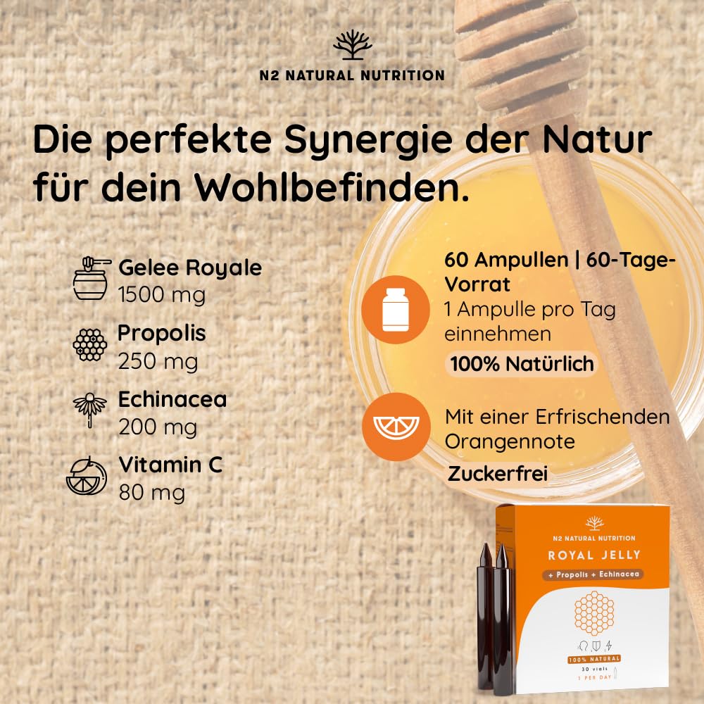 Gelée Royale Pur mit Propolis + Vitamin C + Echinacea. 60 Tage. 2000 MG. Reduziert Müdigkeit und andere Symptome, erhöht Energie, Vitalität und stärkt den Stoffwechsel. CE. N2 Natural Nutrition