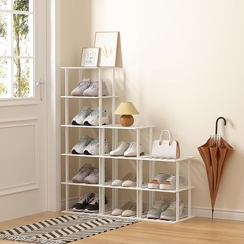 Miniatura 2 de Zapatero de bambú blanco para espacios pequeños, 6 niveles de alto, vertical, estrecho, para armario, soporte apilable para zapatos, soporte para