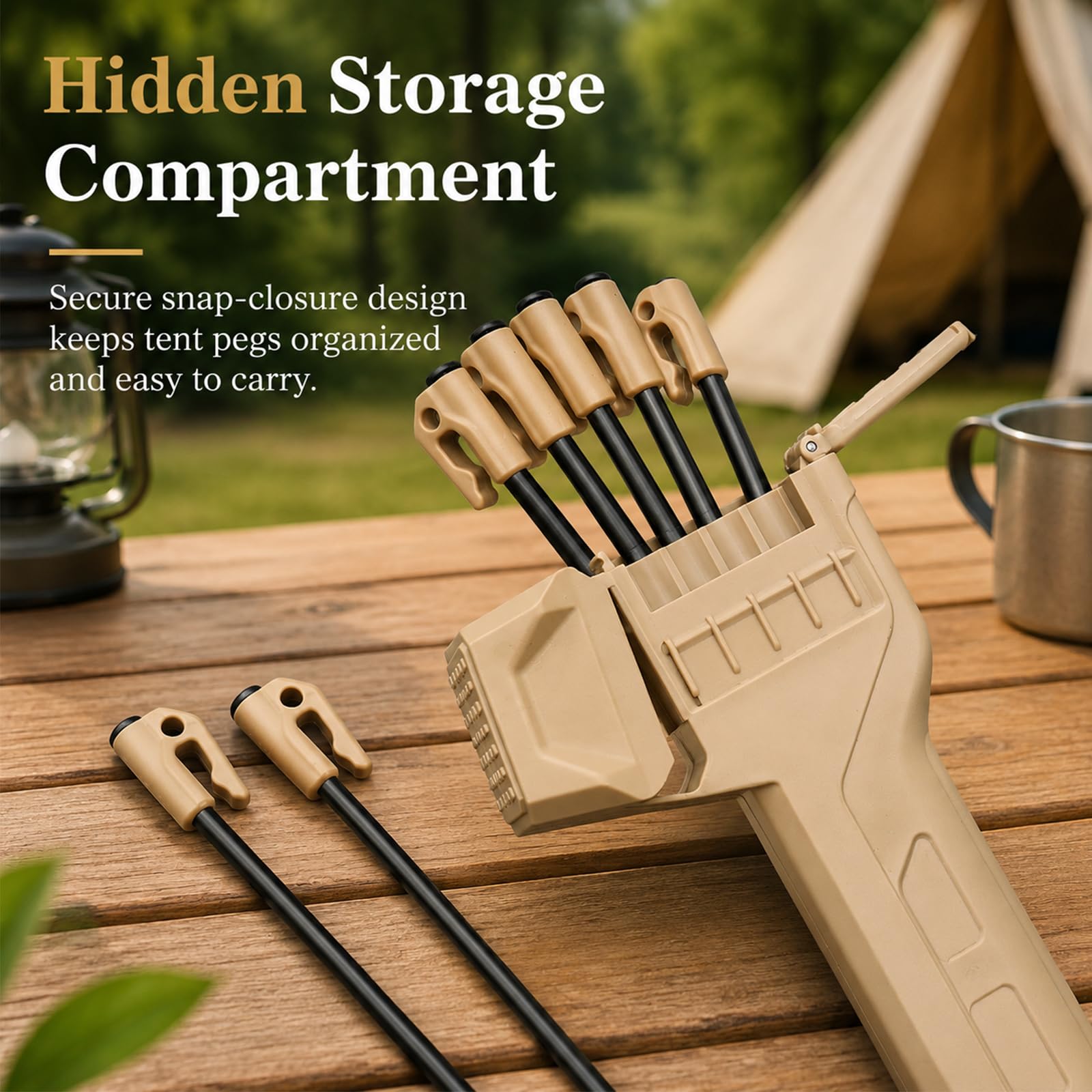 Camping Hammer With 8 Pegs, Tent Stake Driver With Peg Puller, Heavy Duty Tent Mallet, With Anti-Loss Storage Compartment, Includes 8 Steel Stakes, For Outdoor Hiking Camping Backpacking (Khaki)