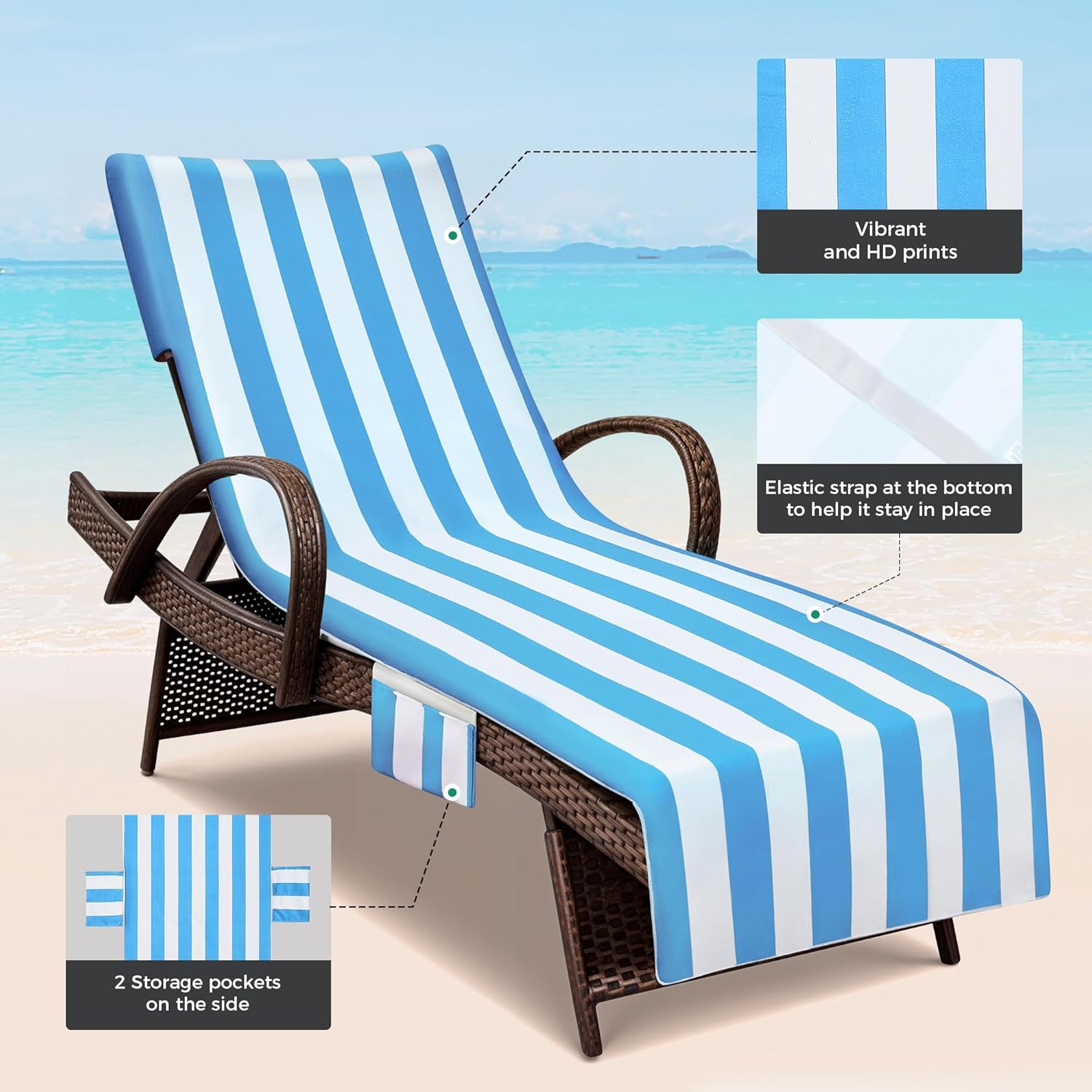 Lounge Chair Towel Covers, 2 Pack Outdoor Chaise Lounge Slipcover, 83" X 29" Stripe Microfiber Beach Chair Cover, Soft Absorbent Chaise Cover with Pockets for Pool Garden Patio, Sky Blue