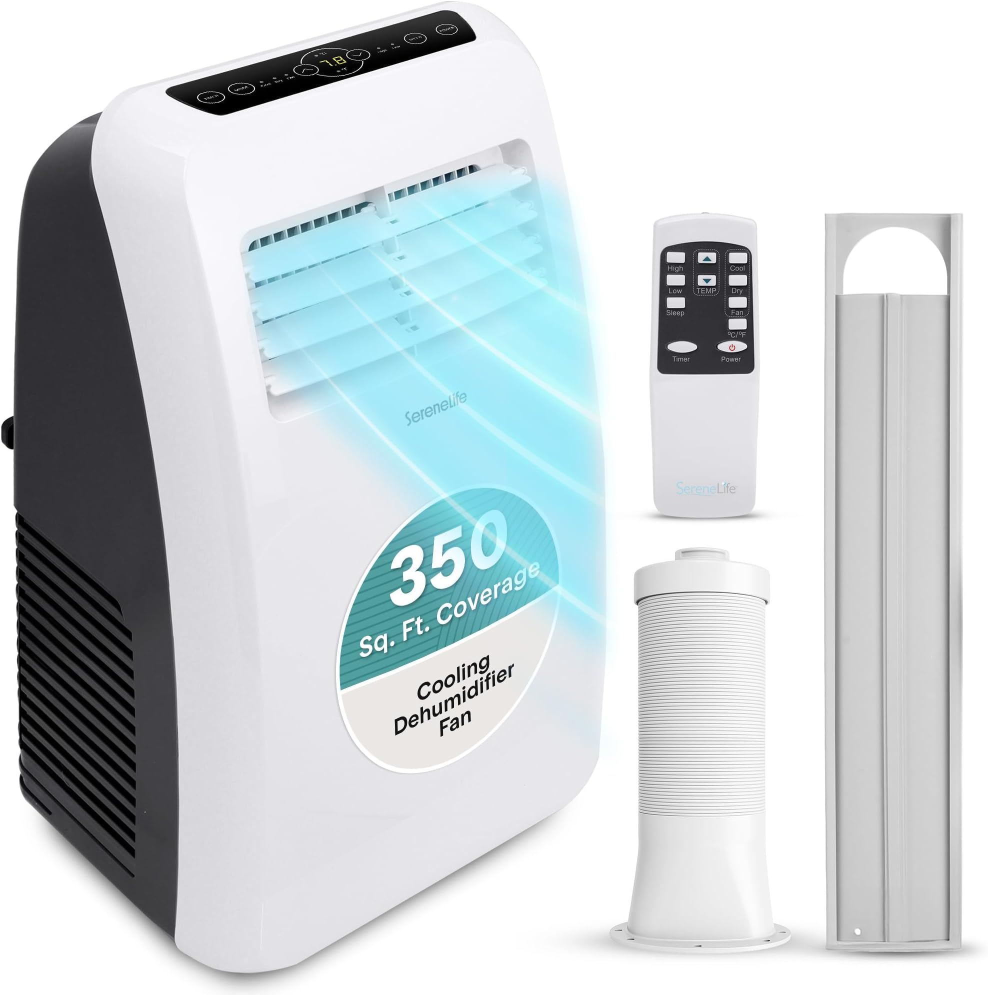 SereneLife SLPAC8 SLPAC 3-in-1 Portable Air Conditioner with Built-in Dehumidifier Function,Fan Mode, Remote Control, Complete Window Mount Exhaust Kit, 8,000 BTU, White