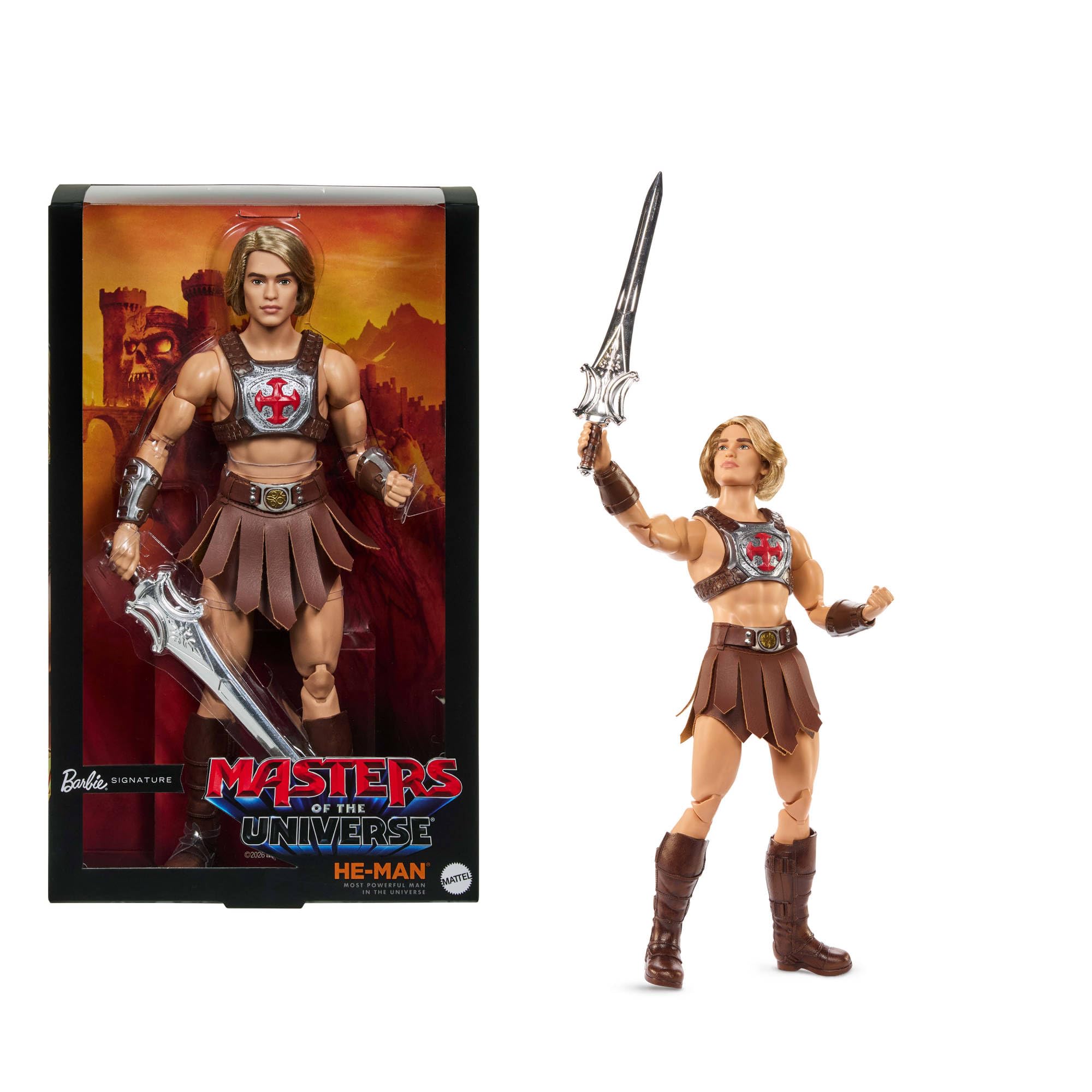 Barbie Signature Ken He-​Man Muñeco Coleccionable con arnés de Batalla, Espada, Soporte para el Juguete y Embalaje Expositor, temática de la película de Motu, JJY03