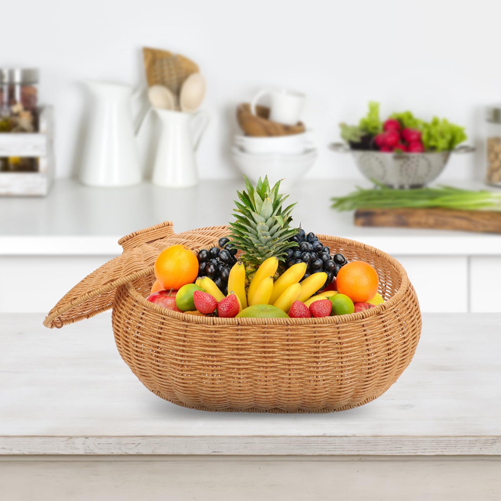 SHINEOFI Cesta Tejida con Tapa para Almacenar Frutas, Verduras y Pan, Cesta Pequeña de Plástico con Superficie Lisa para Cocina y Sala