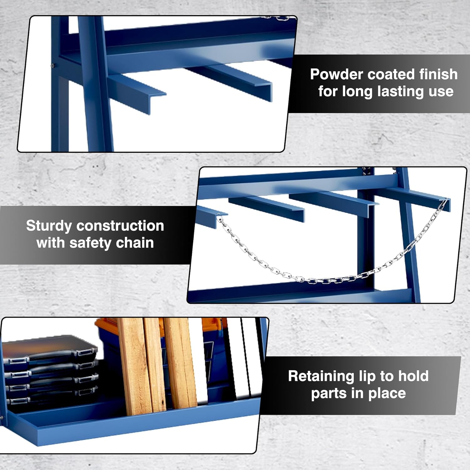 Vertical Bar Rack, 3000 Lb Capacity, Heavy Duty Pipe and Lumber Storage Rack, Freestanding Bar Storage Shelf with Safety Chains, Steel Long Parts Organizer Shelf, 39" D x 24" W x 84" H, Blue