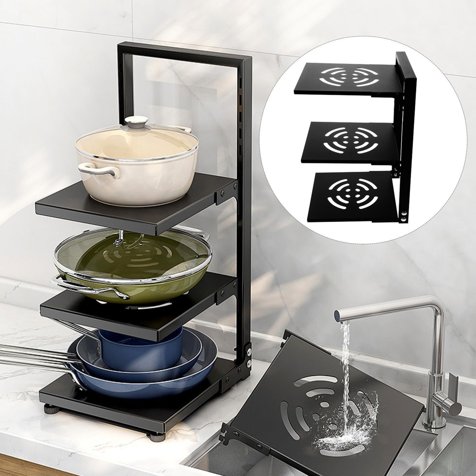 KICHOUSE Organizer in Acciaio al Carbonio per Pentole e Padelle a 3 Livelli Nero Spaziatura Regolabile per Ottimizzare lo Spazio per Cucina o Sotto Lavabo