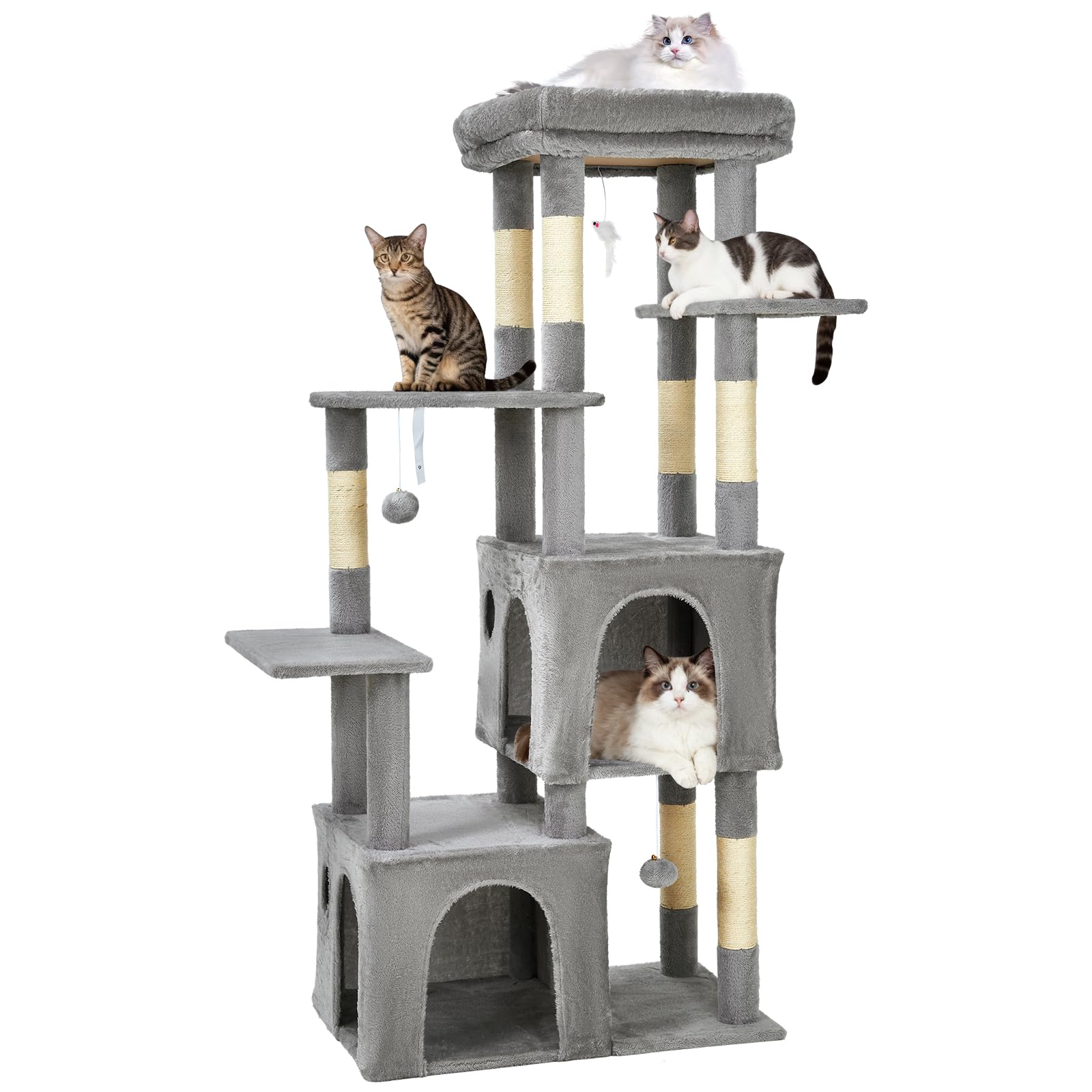 GarveeHome Torre Rascadora para Gatos Grandes - Árbol De 156 cm con 7 Postes De Sisal Natural, Plataforma Extra Grande y 2 Casas, Estructura Robusta para Maine Coon y Gatos Pesados - Gris