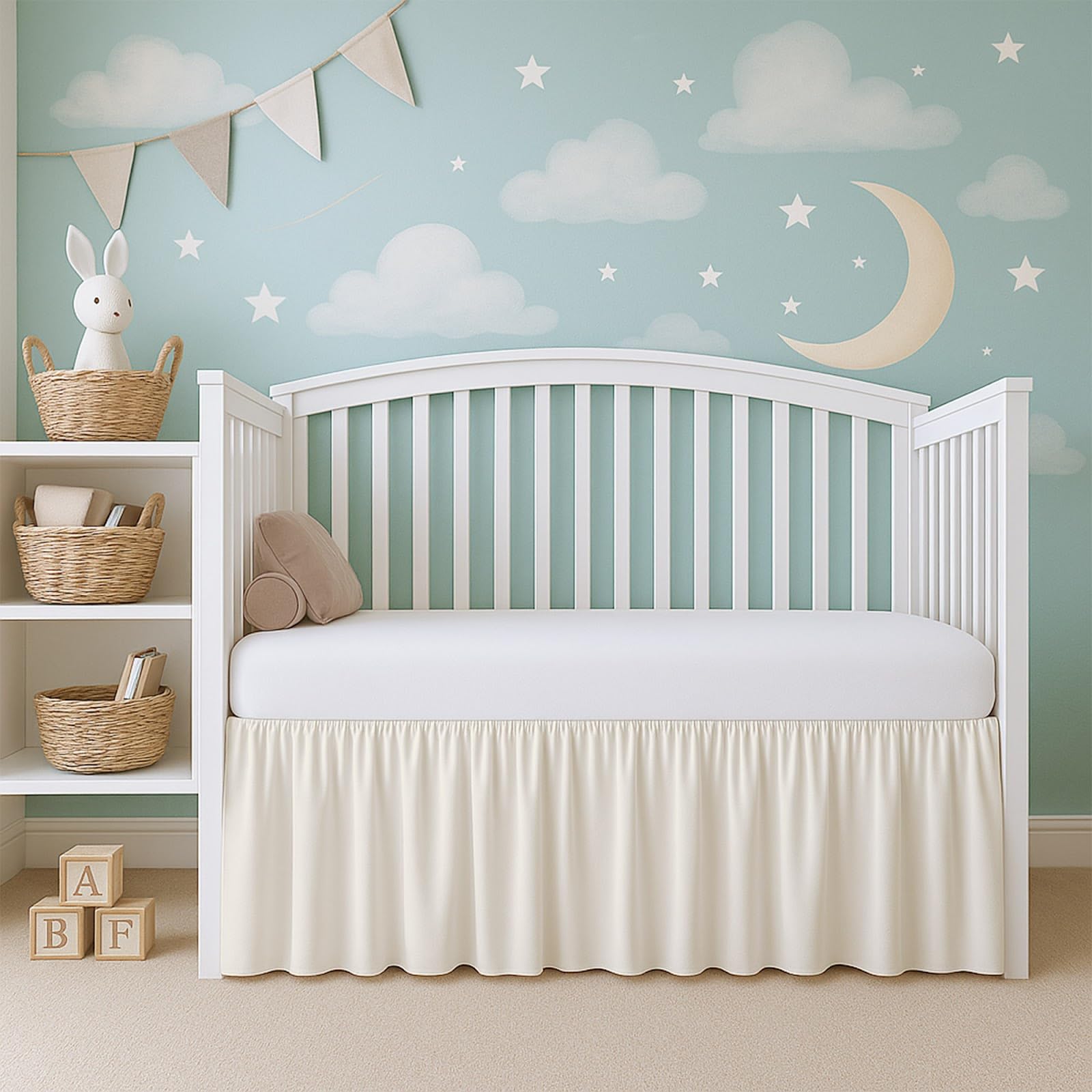 Cottington Lane Ivory Infrant Crib Bed Skirt Dust Ruffle with Split Corner, 100% Natural Cotton Nursery Crib Toddler Bedding Skirt for Baby Girls or Boy, Fits Standard Cribs 28" x 52" with 14" Drop