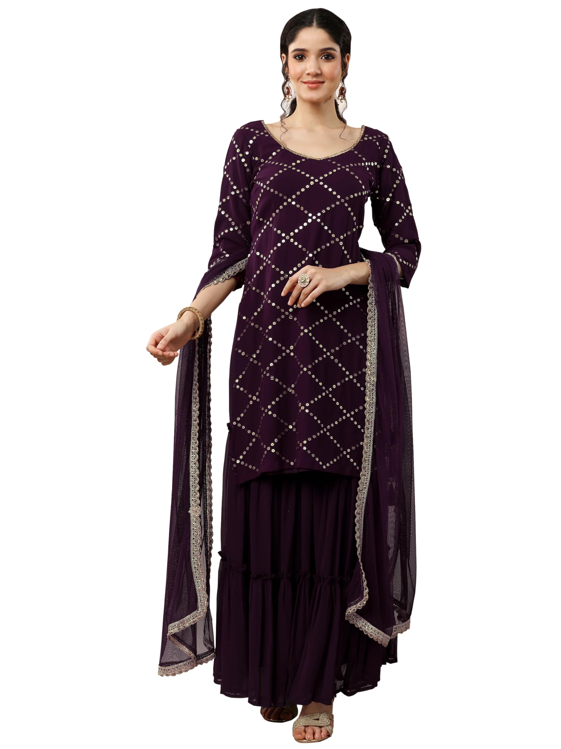 libas Women's Embroidered Poly Georgette Straight Kurta With Sharara & Dupatta-picture-13