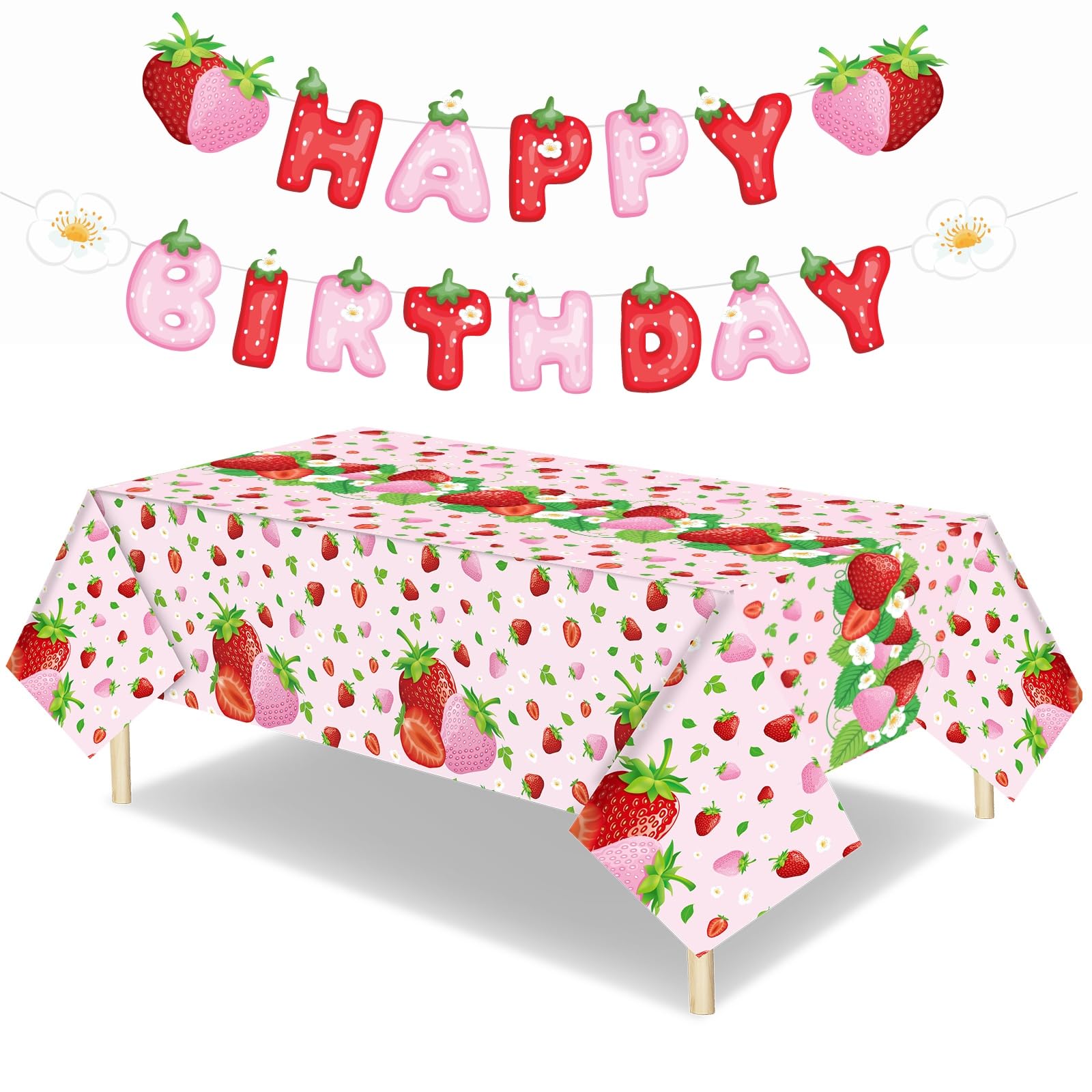 HunnmingRe 3 Pcs Strawberry Tablecloth Happy Birthday Banner Strawberry Birthday Party Supplies 54 x 108 Inch Plastic Pink Table Cover Hanging Banner