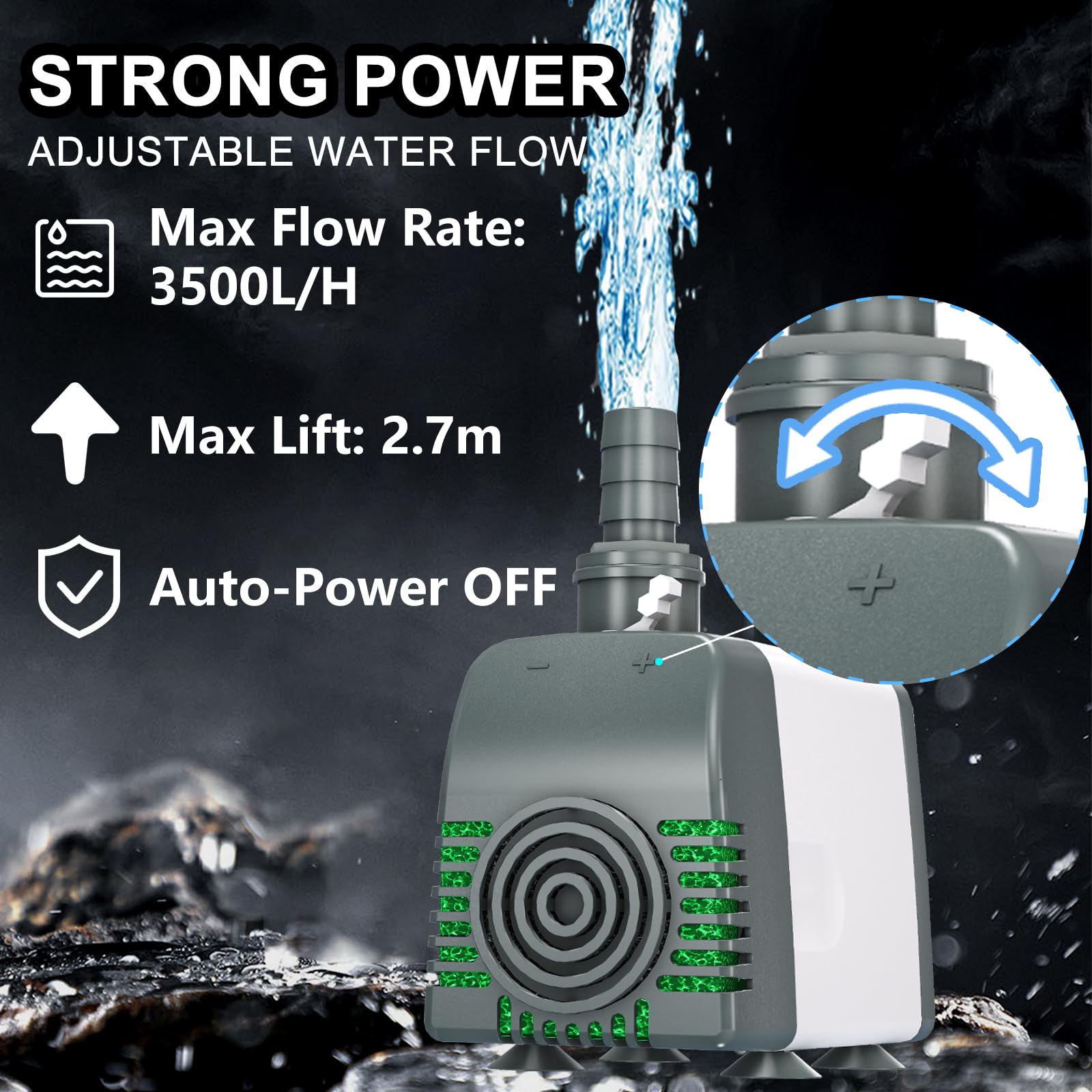 Knifel Springbrunnenpumpe 45W 3500L/H Automatische Abschaltung bei Niedrigwasser Schutz vor überhitzung Funktion Ultra Leise Teichpumpe Wasserpumpen Mit 1,8m Kabel für Brunnen, Hydroponik-Systeme.