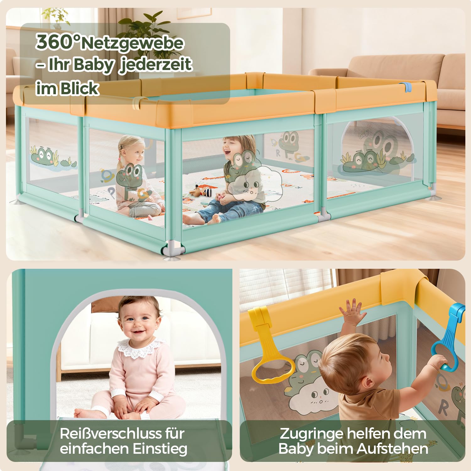 Box Bambini 180x200 con Tappeto, Recinto per Bambini con 360° Rete Traspirante, Tessuto Oxford, Laterali con Zip, Antiscivolo Robusta Centro Attività, 60 Palline, 4 Maniglie, Coccodrillo verde