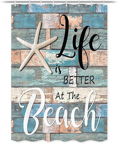 JAWO Cortina de ducha de playa, rústica, vintage, con frase en el océano, cortina de ducha con ganchos, 48 x 70 pulgadas