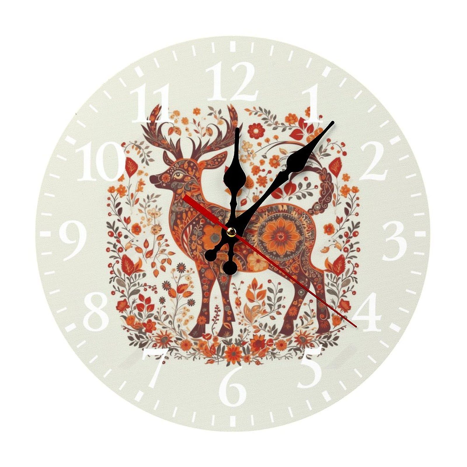NTVOWPZO 10 Inch Wall Clock Red and Orange Deer Battery Operated Wall Clocks Silent Non-Ticking Round Wall Clock for Living Room Kitchen Home Office Wall Decorative Clock