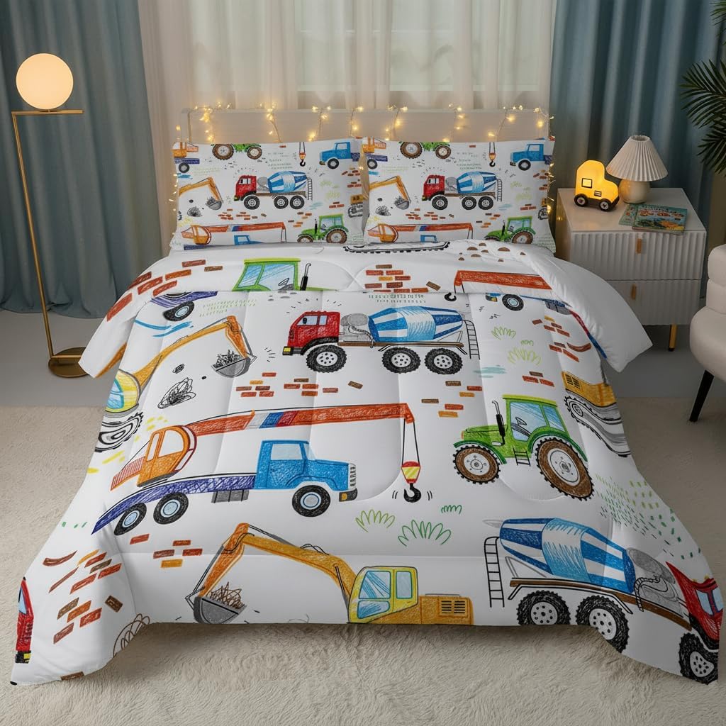 QOOMO Construction Car Comforter Full Size, Machinery Truck Kids Bedding Set, Engineering Vehicle Suitability Girs and Boys Black Decorate a Room Hand Drawn Car Excavator Duvet 3 Piece Set