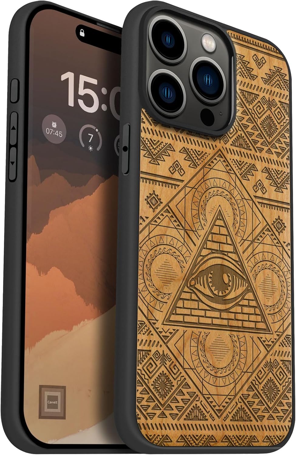 Carveit Magnetic Wooden Case for iPhone 15 Pro Max Case, Compatible with MagSafe Wireless Chargers, Black Soft TPU Shockproof Cover & Wood Artisan Engraved (All-Seeing Eye) - Cherry