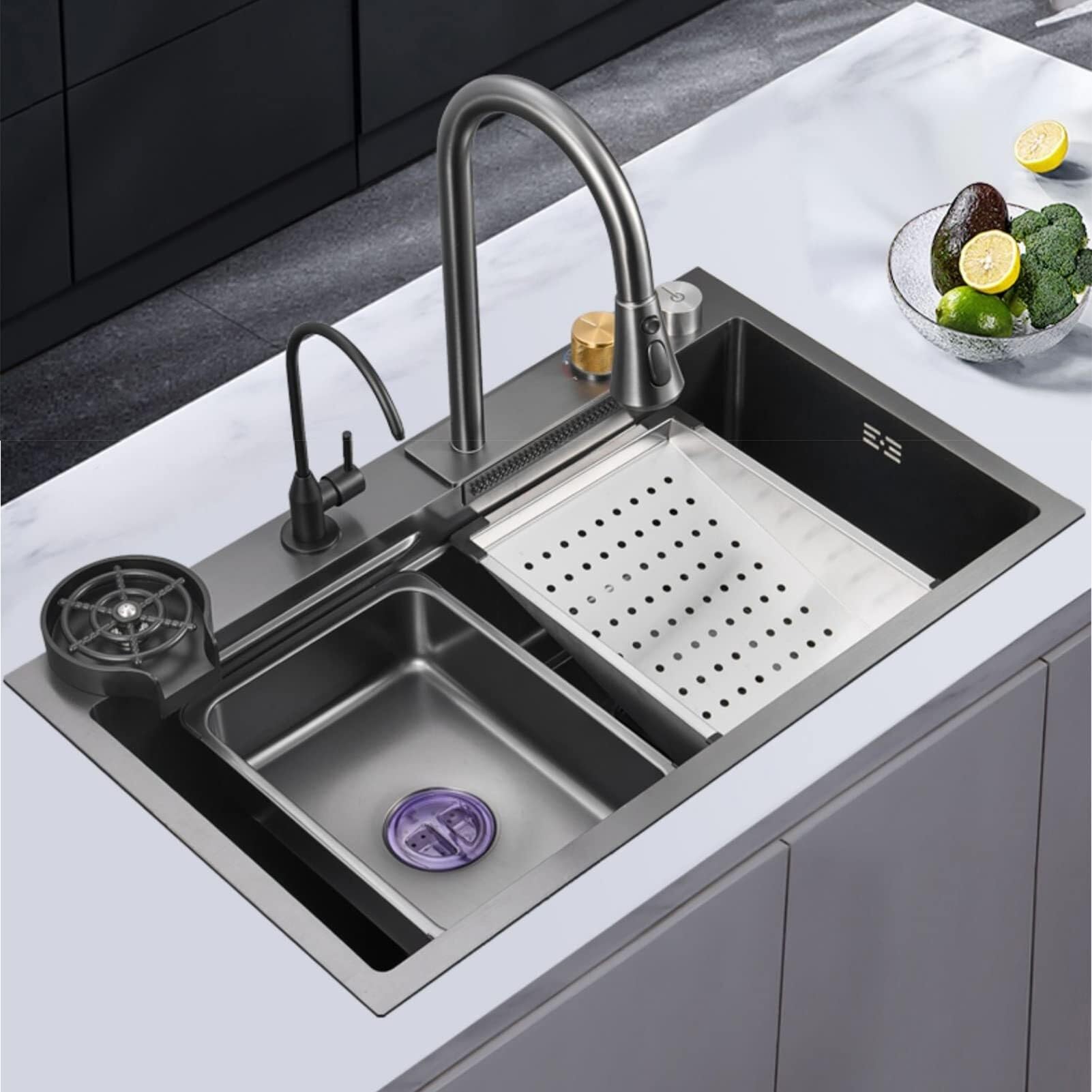 SDdPulse Waterfall Kitchen Sink with Pull Out Faucet - Single Bowl Workstation Sink for Yard and Office, Black, 68 x 45 cm